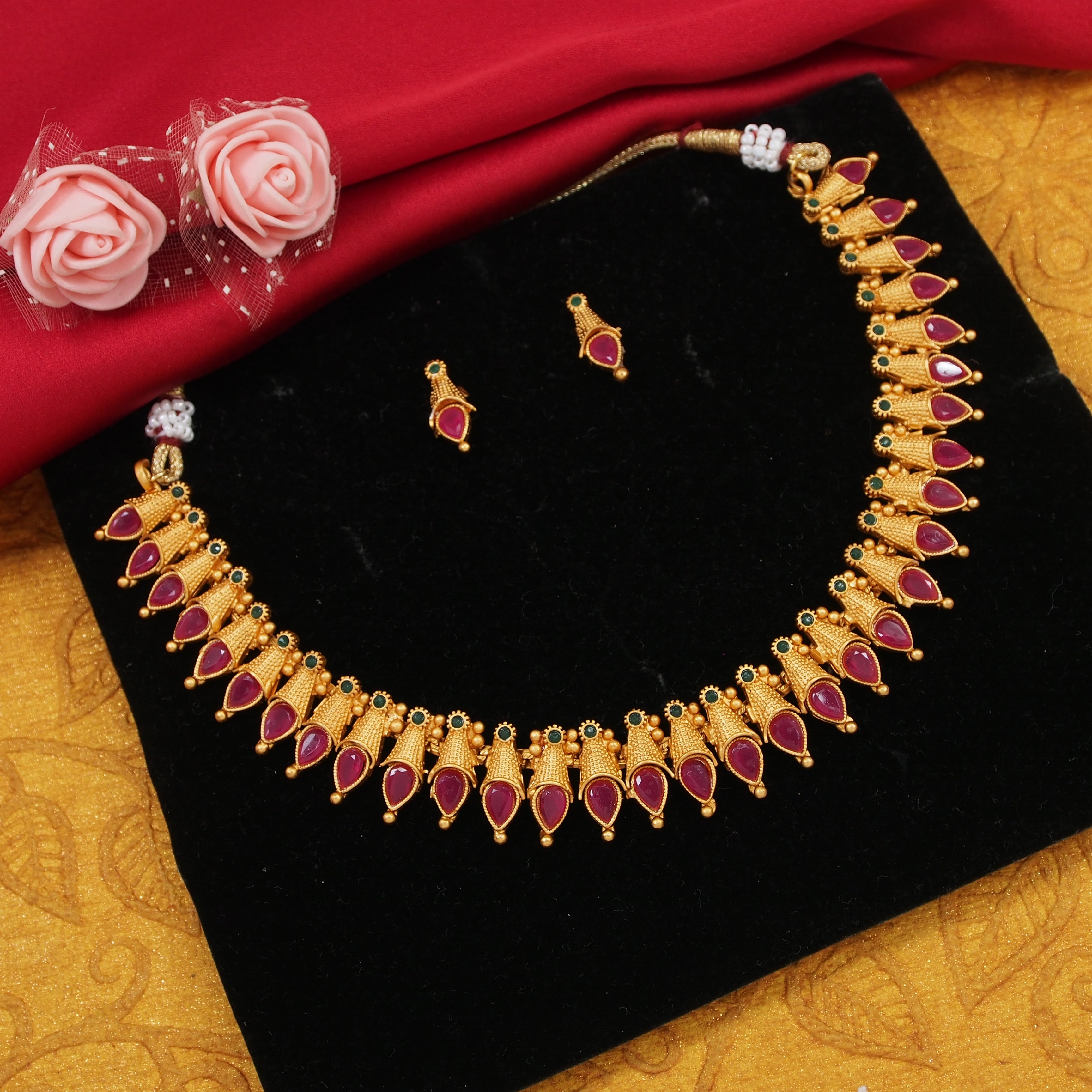 Classic And Fancy Gold Plated Tear Dropped Temple Choker Necklace With Earring Jewellery Set For Women And Girls
