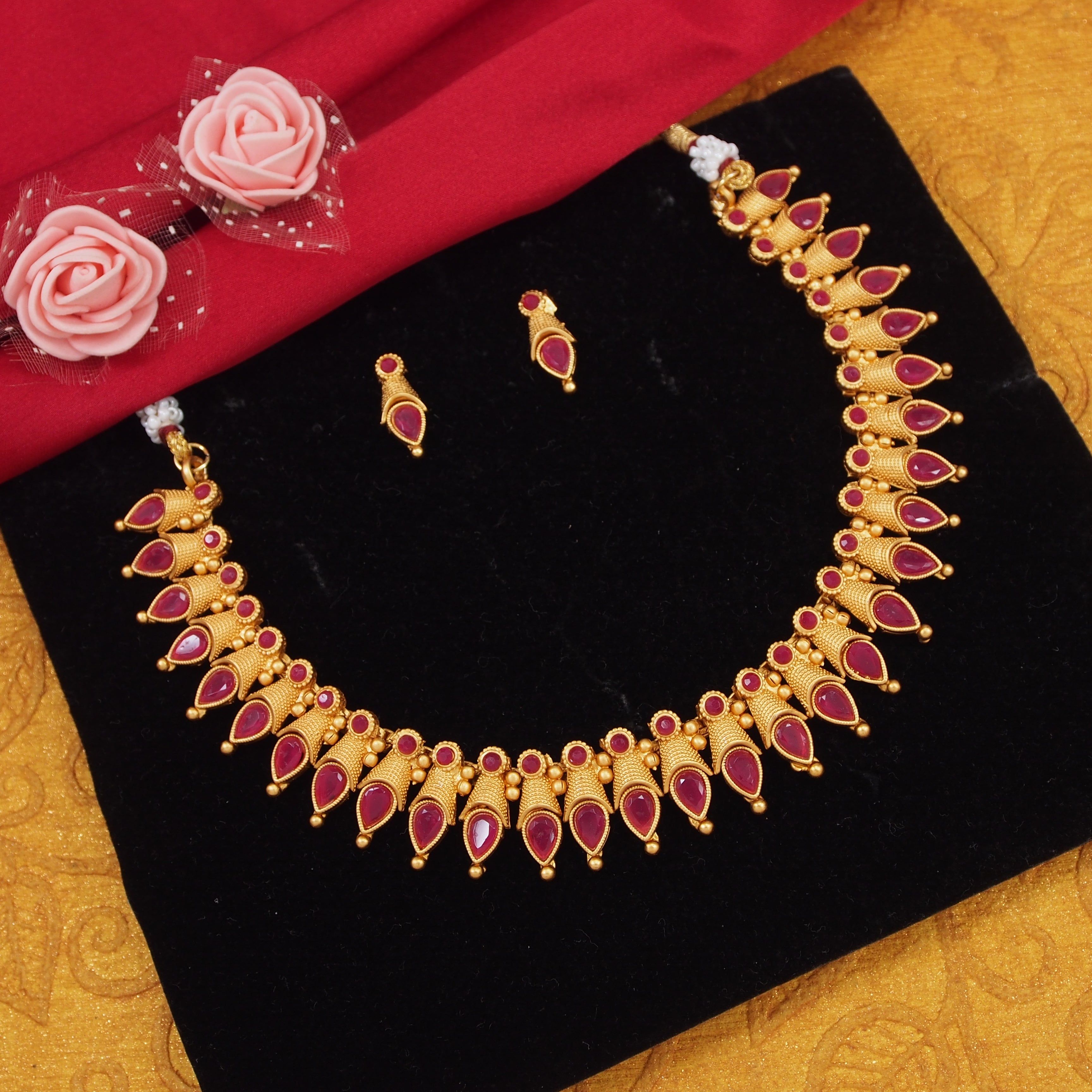 Classic And Fancy Gold Plated Tear Dropped Temple Choker Necklace With Earring Jewellery Set For Women And Girls