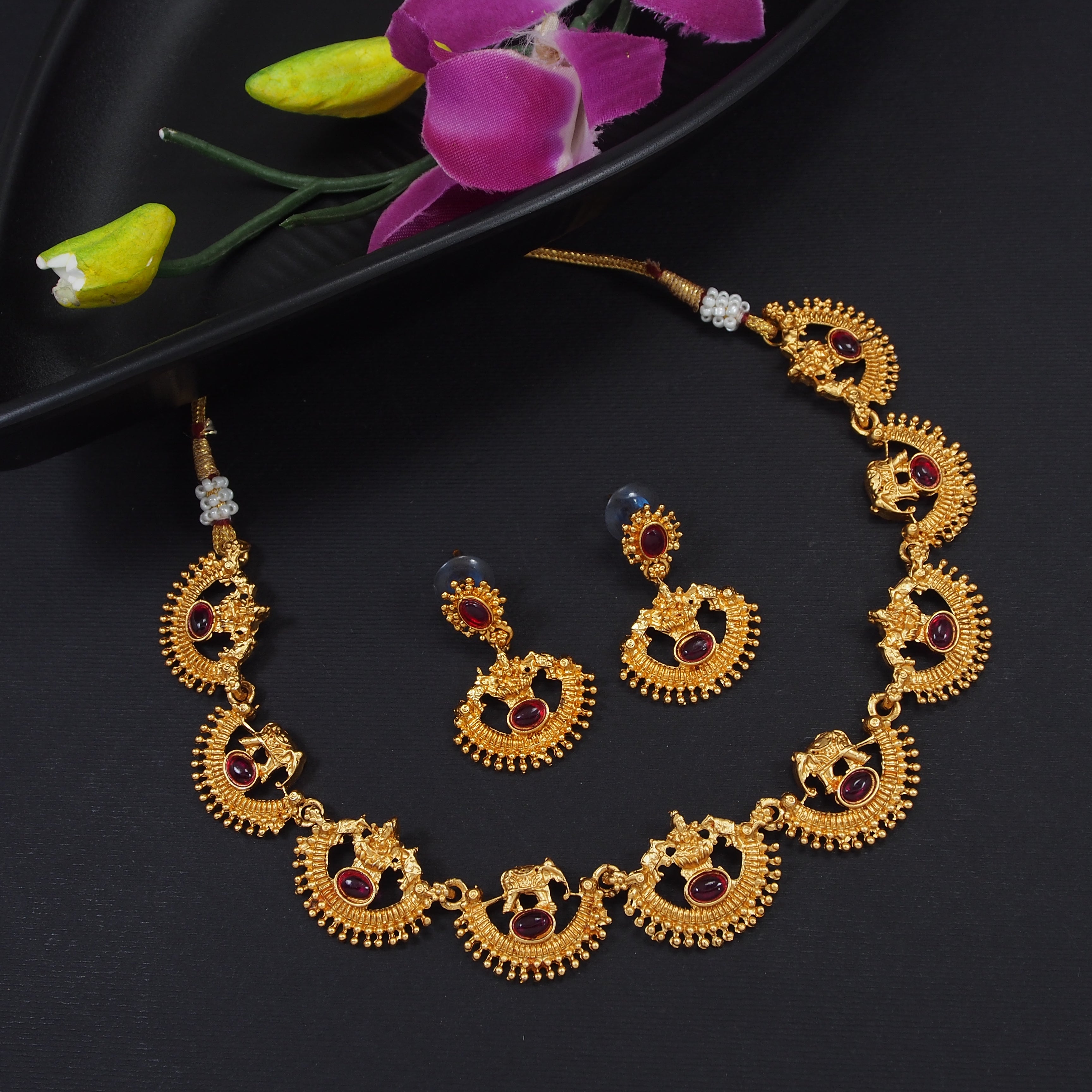 Ethnic Traditional Gold Plated Hathi And Laxami Design Choker Temple Necklace With Earring Jewellery Set For Women And Girls  