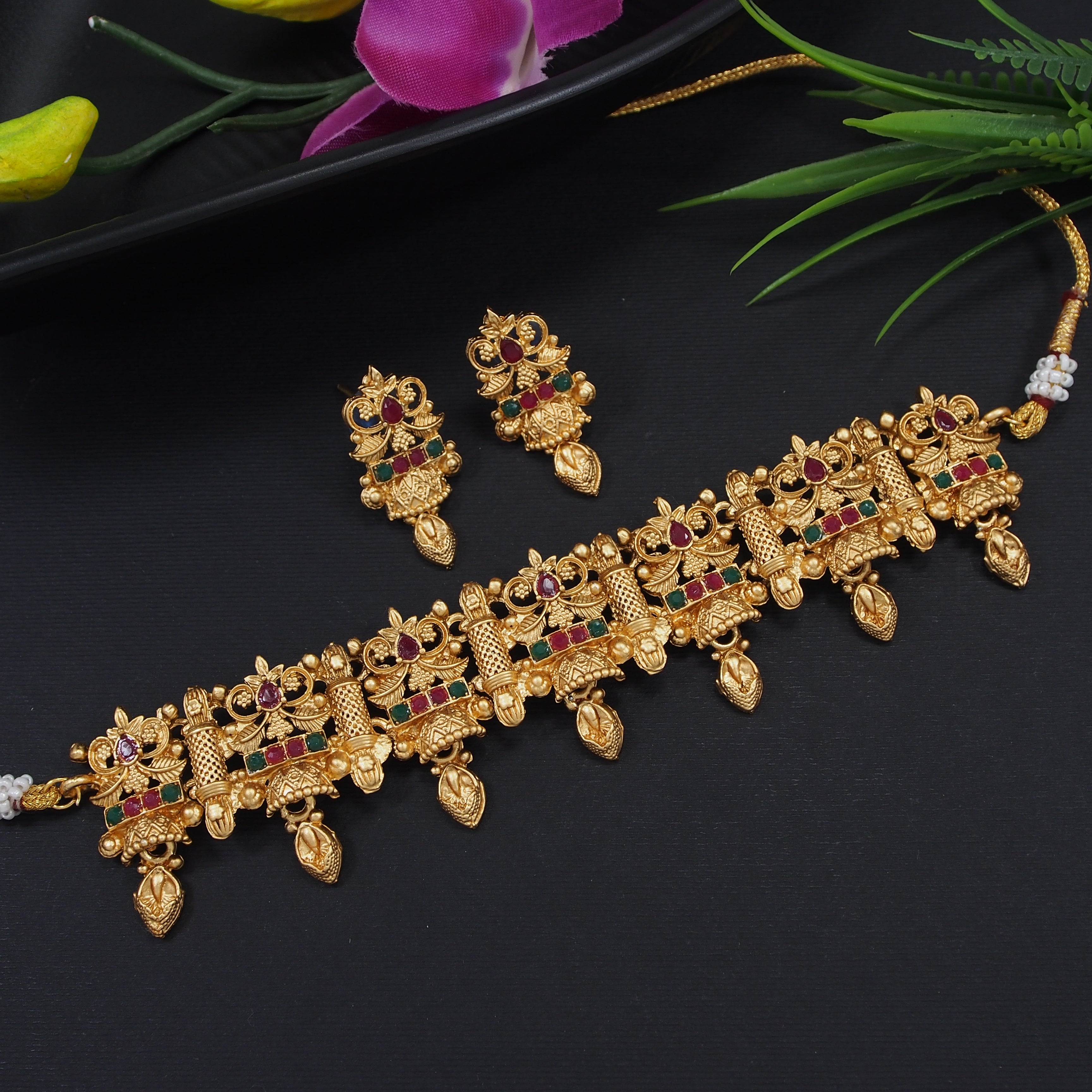 Beautiful Gold Plated Flower Design Collar Bone Temple Necklace With Jhumki Type Earring Jewellery Set For Women And Girls