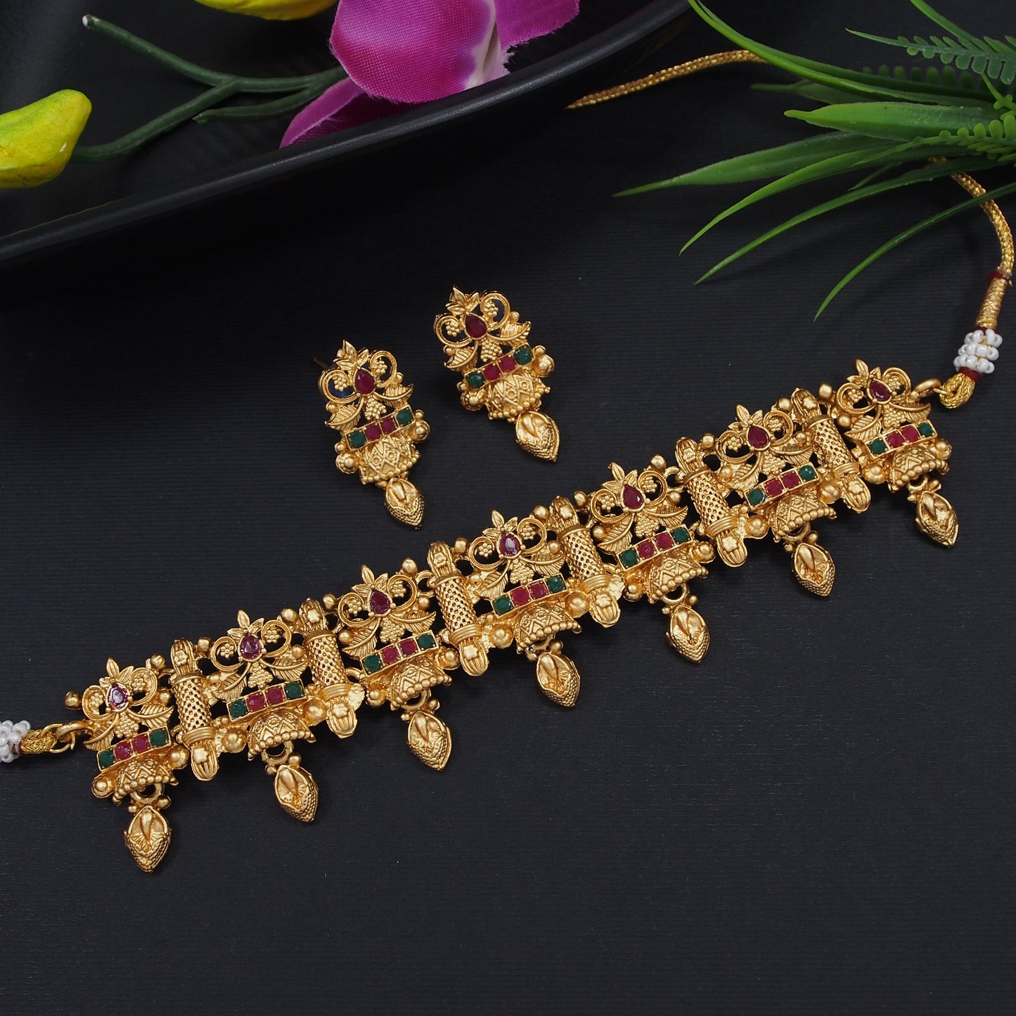 Beautiful Gold Plated Flower Design Collar Bone Temple Necklace With Jhumki Type Earring Jewellery Set For Women And Girls