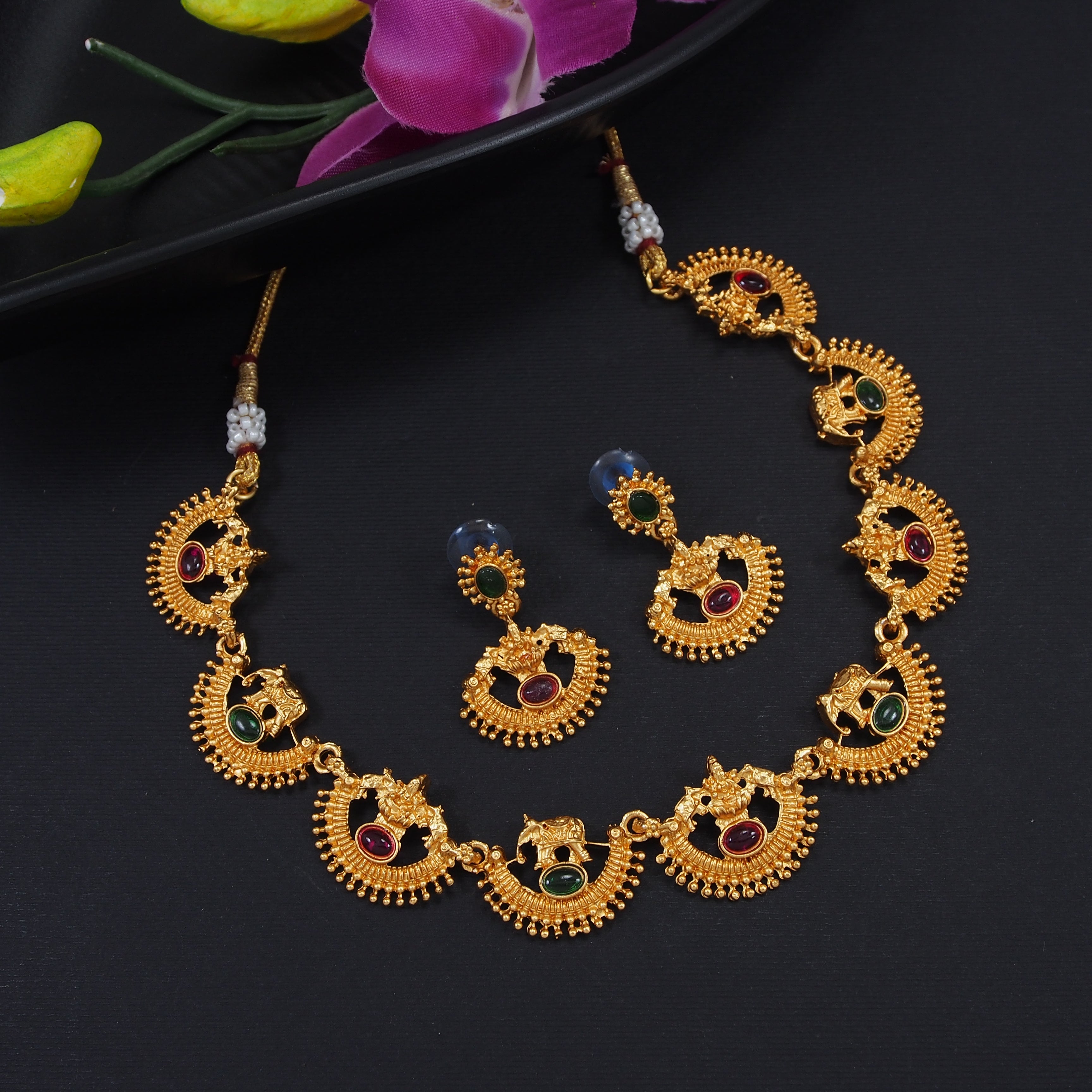 Ethnic Traditional Gold Plated Hathi And Laxami Design Choker Temple Necklace With Earring Jewellery Set For Women And Girls  