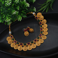 Traditional Gold Plated Square Shape Laxami Coin Design Temple Choker Necklace With Earring Jewellery Set For Women And Girls
