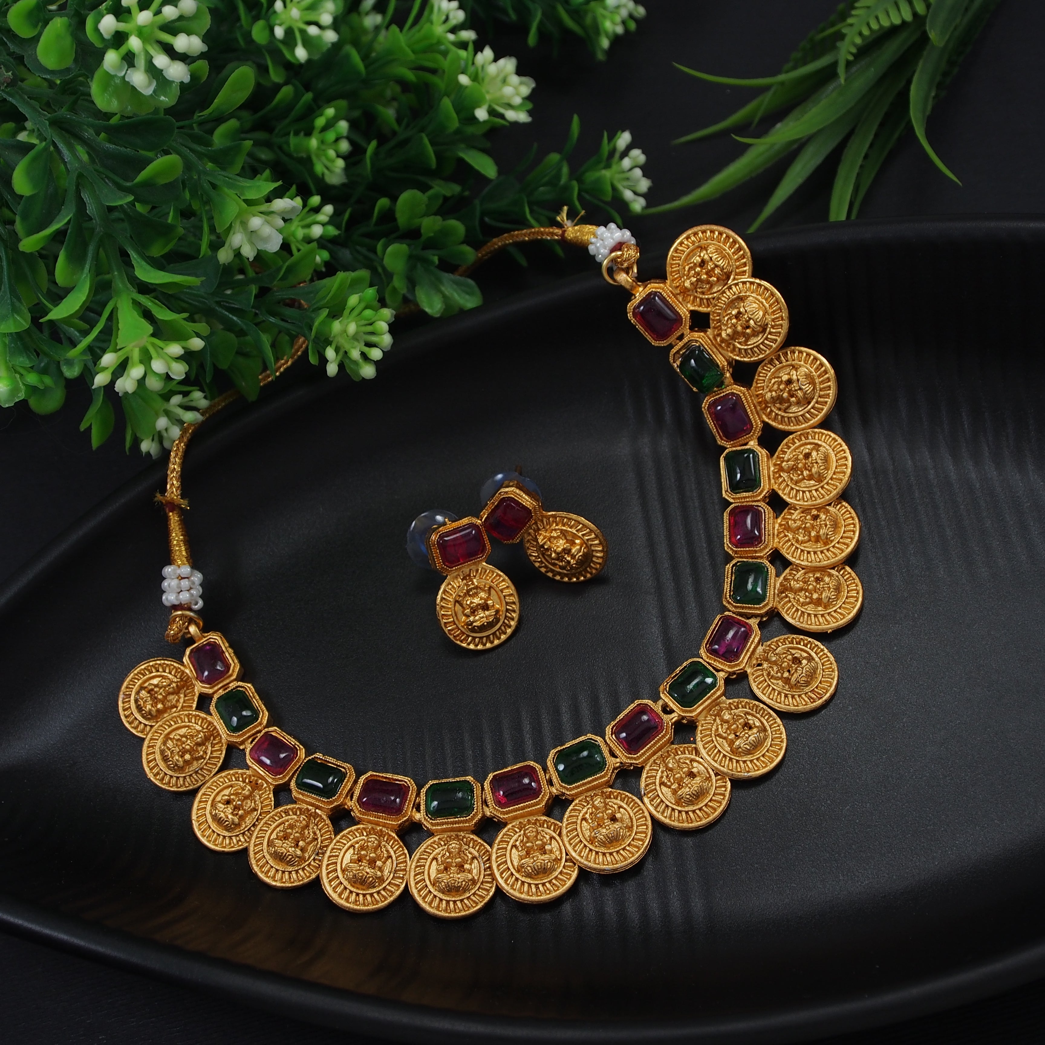 Traditional Gold Plated Square Shape Laxami Coin Design Temple Choker Necklace With Earring Jewellery Set For Women And Girls