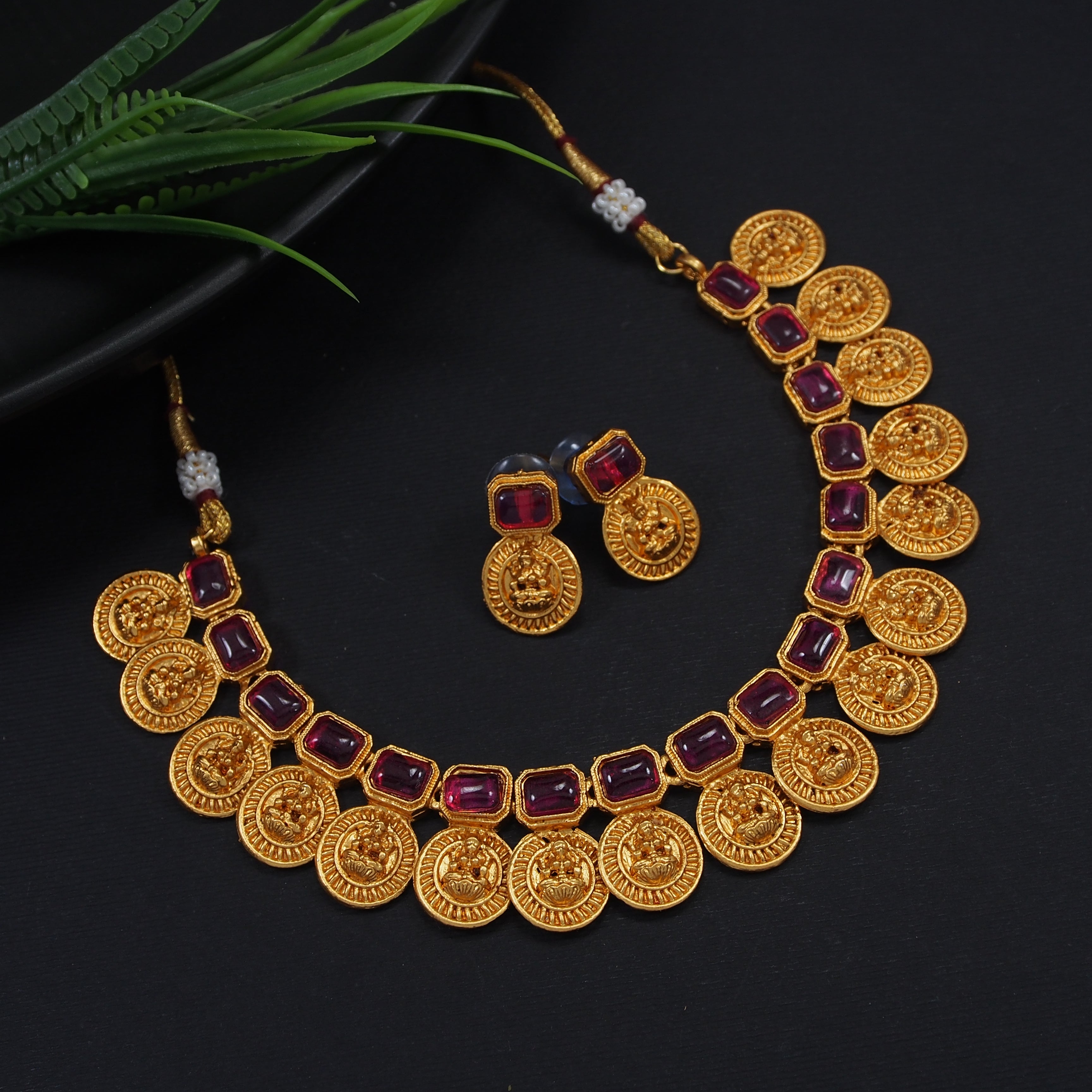 Traditional Gold Plated Square Shape Laxami Coin Design Temple Choker Necklace With Earring Jewellery Set For Women And Girls
