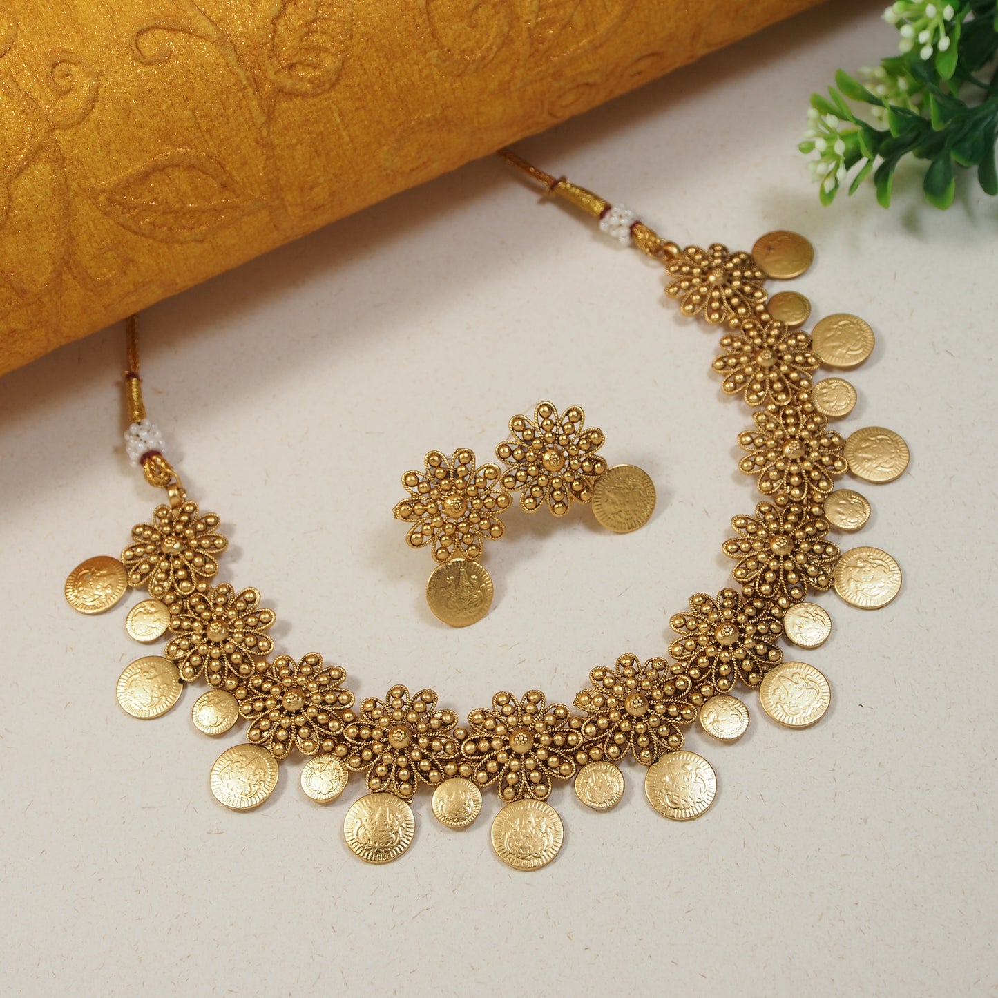 Coin Necklace with Ornate Flower Choker Set
