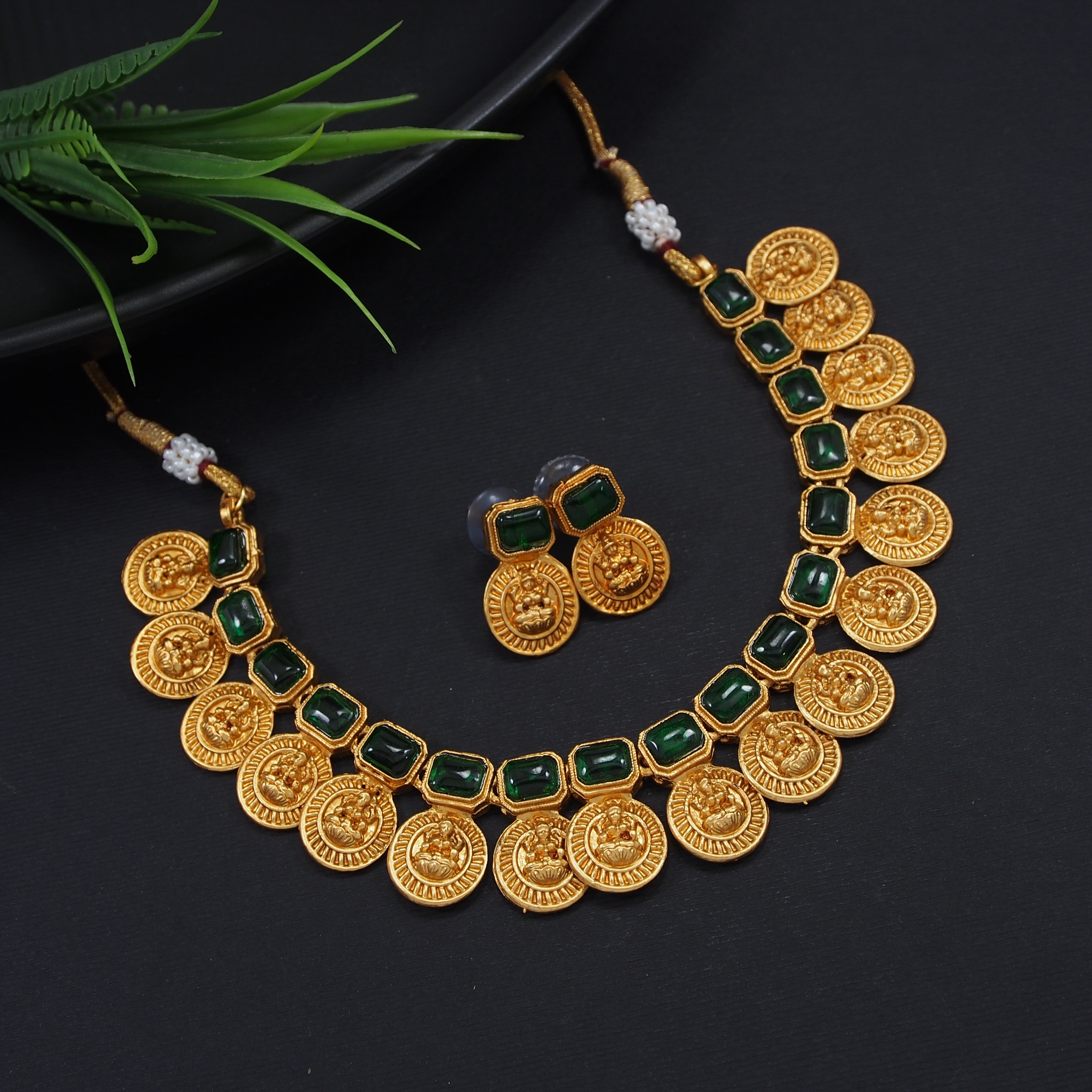 Traditional Gold Plated Square Shape Laxami Coin Design Temple Choker Necklace With Earring Jewellery Set For Women And Girls