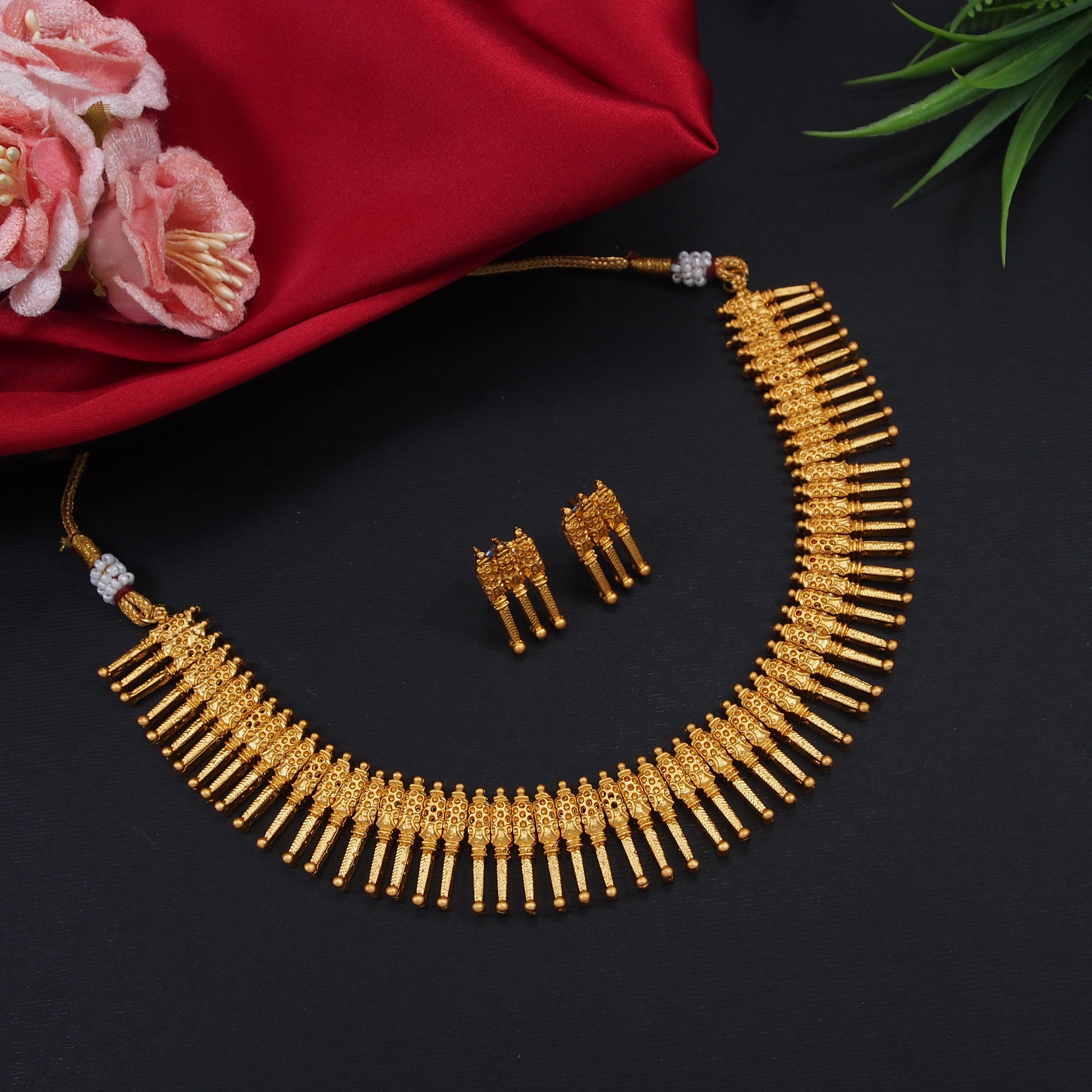 Gold Plated Temple Choker Necklace With Earring Jewellery Set For Women And Girls