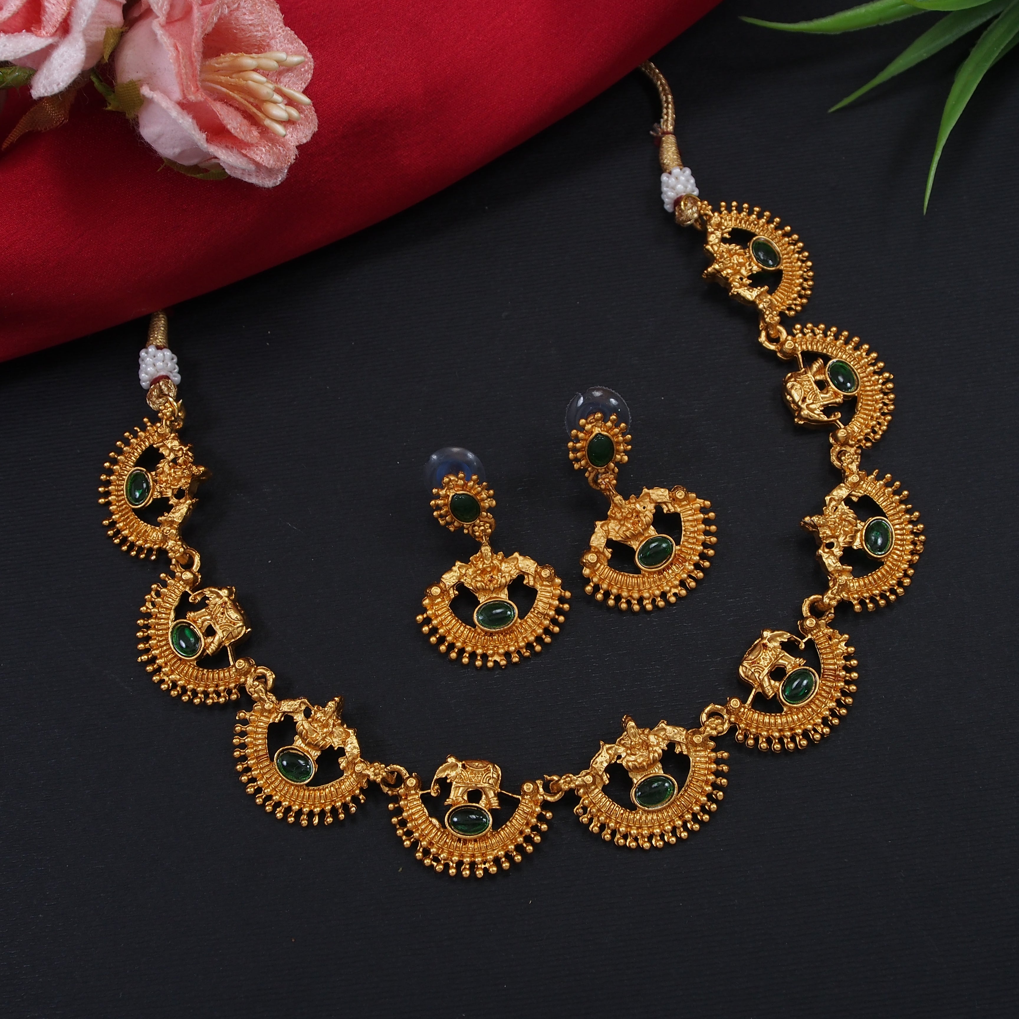 Ethnic Traditional Gold Plated Hathi And Laxami Design Choker Temple Necklace With Earring Jewellery Set For Women And Girls