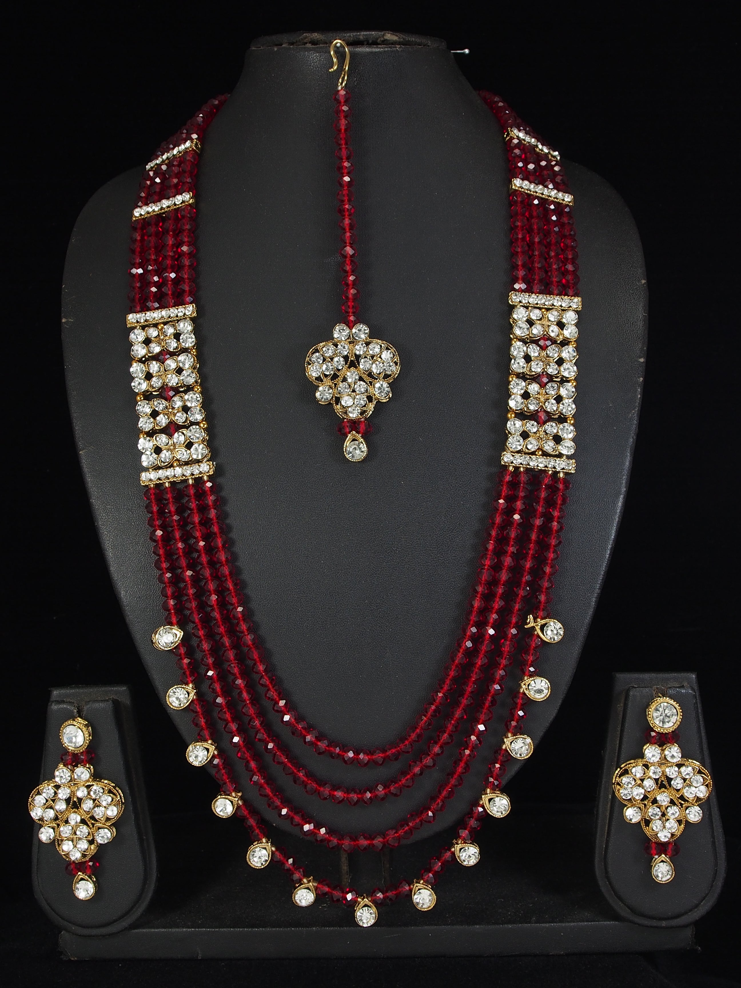 Maroon Crystal Bead Long Necklace Multi-Strand Set