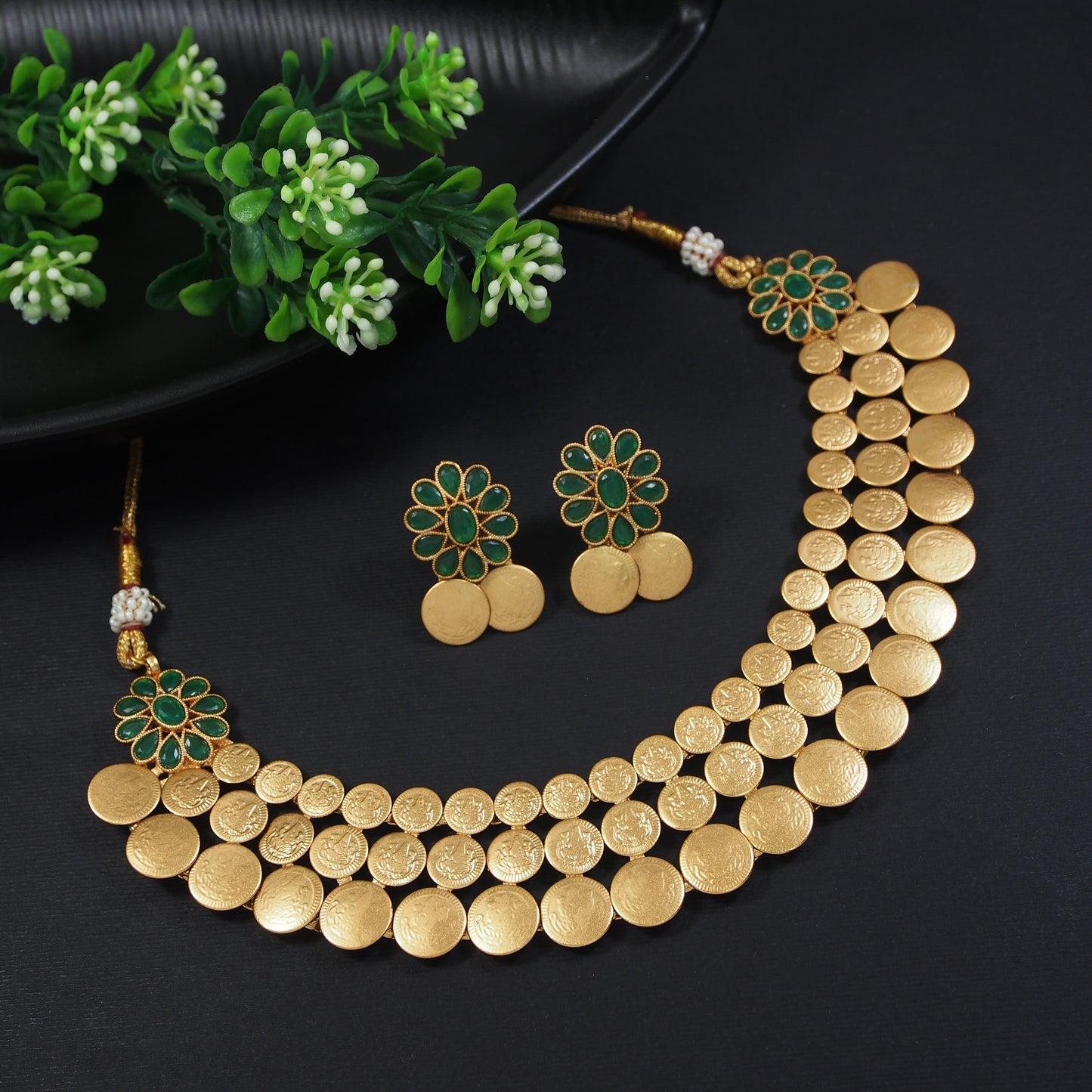 Lakshmi with Emerald Green Floral Accents Gold Coin Temple Choker Set