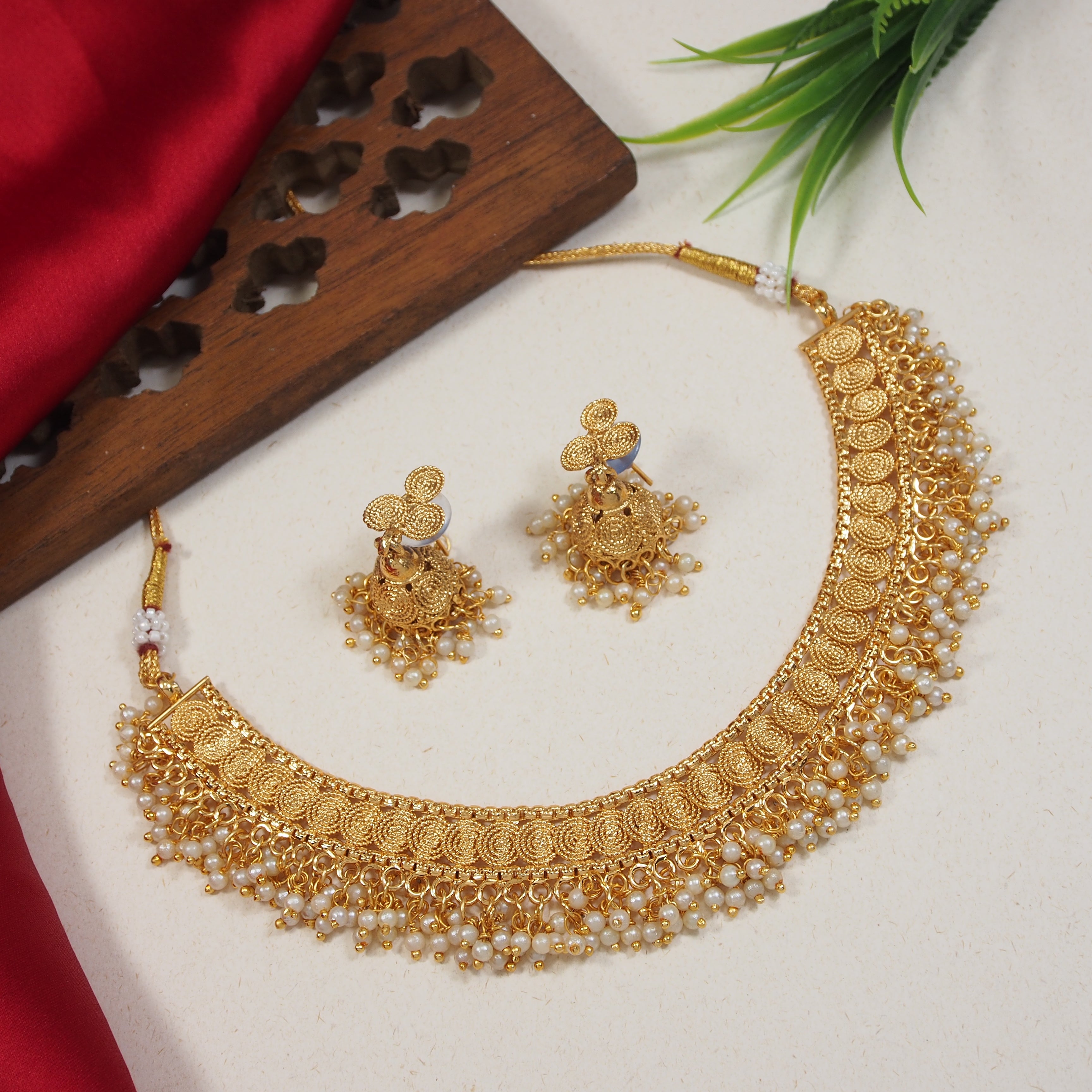 Beautiful Classic Gold Plated Jalebi Shape And Pearl Dropped Temple Choker Necklace With Earring Jewellery Set For Women And Girls  