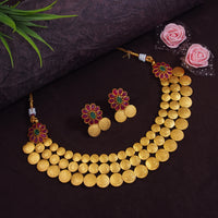 Lakshmi with Emerald Green Floral Accents Gold Coin Temple Choker Set