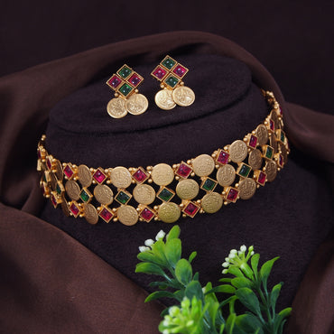 Traditional Geometric Coin Temple Necklace Set