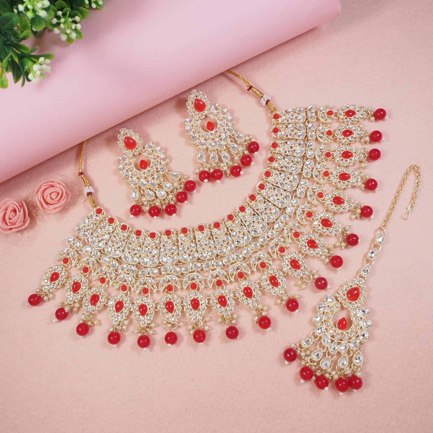 Pastel Pink Bridal Choker Set with Maang Tikka