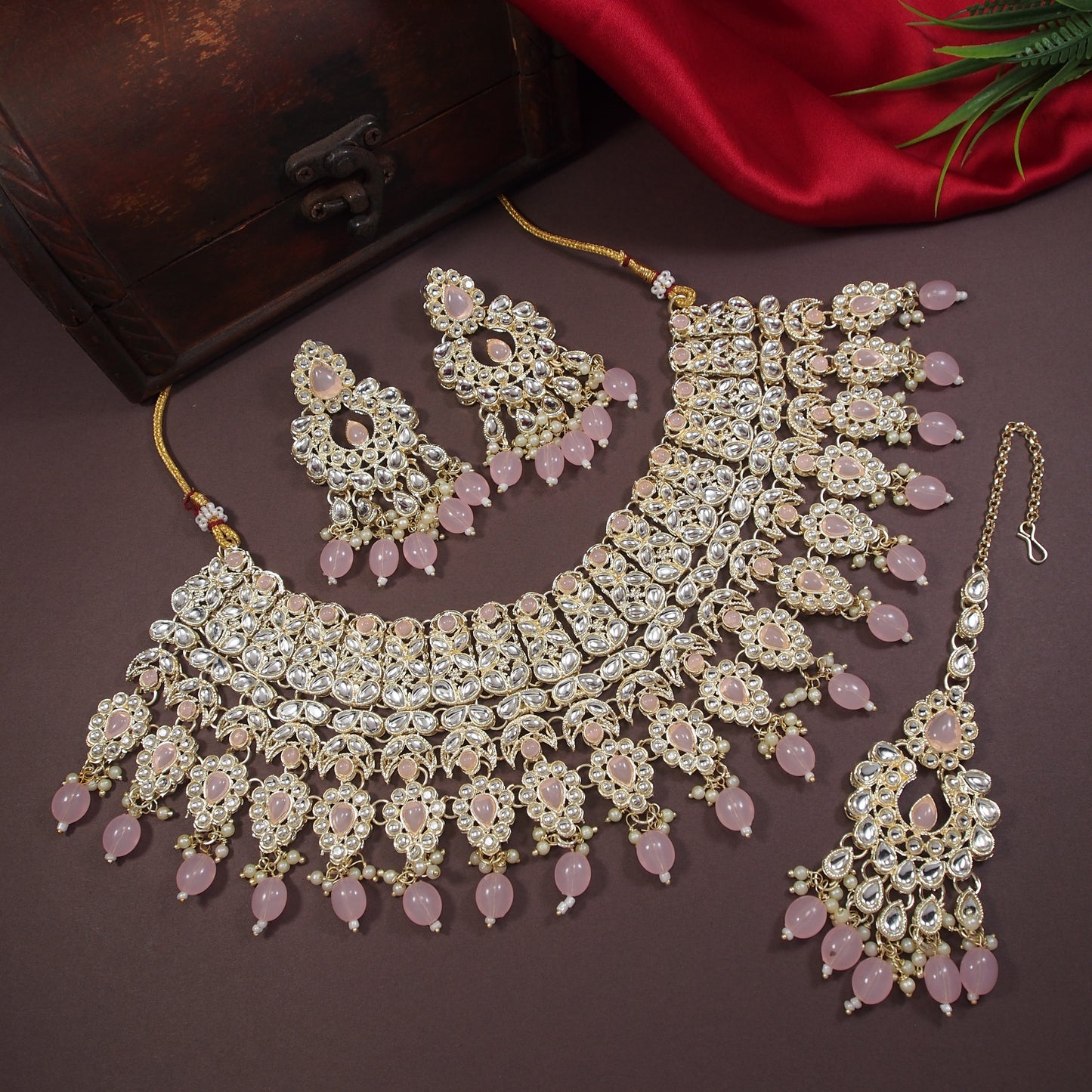 Pastel Pink Bridal Choker Set with Maang Tikka