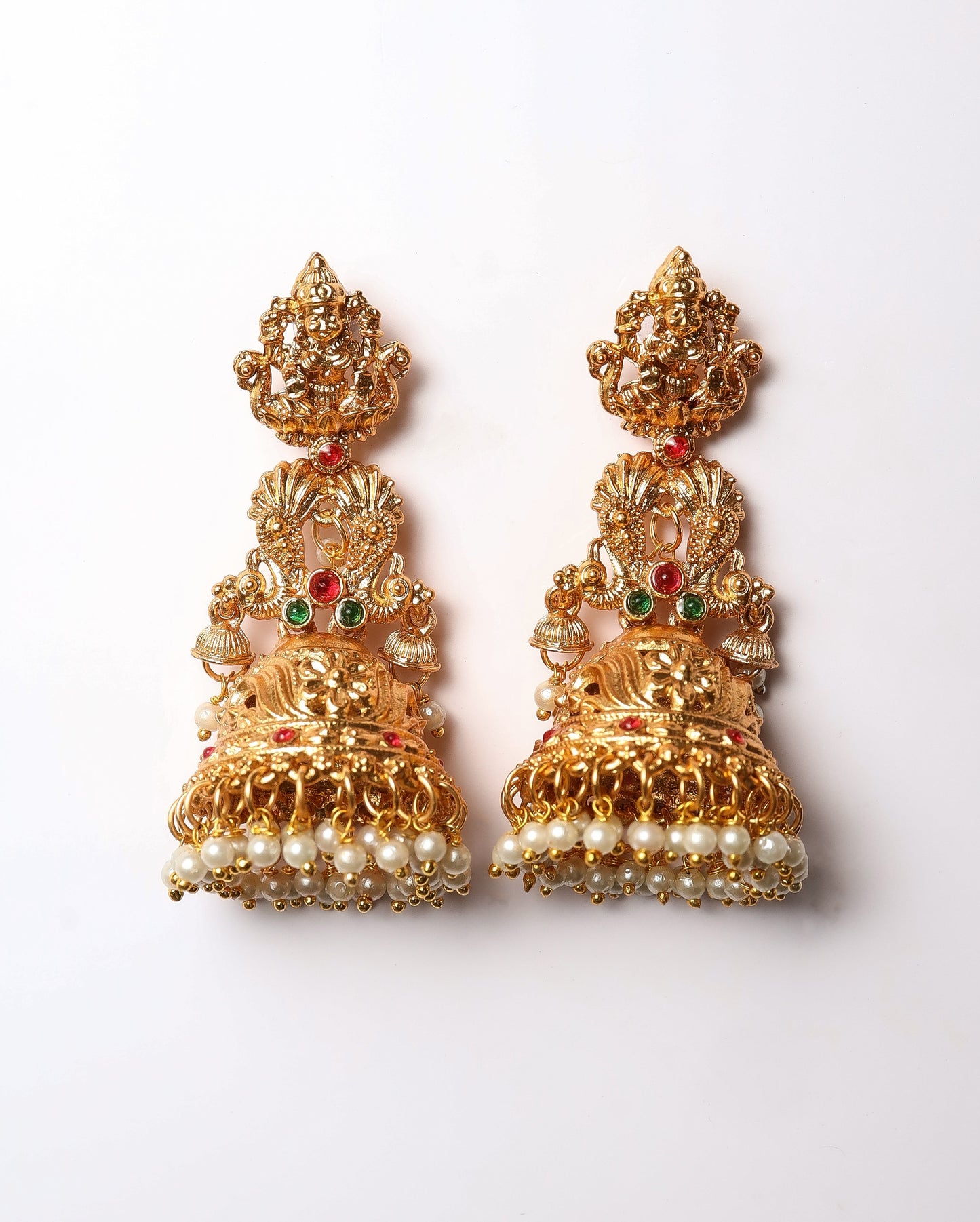 Antique Matte Gold Temple Lakshmi Jhumka with Ruby, Emerald & Pearl Drops