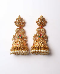 Antique Matte Gold Temple Lakshmi Jhumka with Ruby, Emerald & Pearl Drops