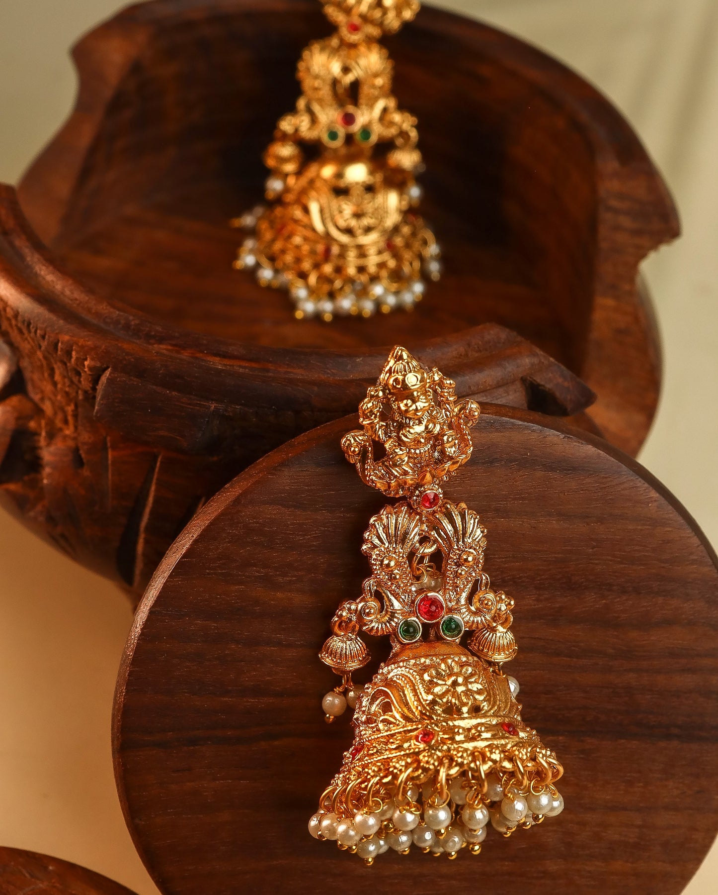 Antique Matte Gold Temple Lakshmi Jhumka with Ruby, Emerald & Pearl Drops