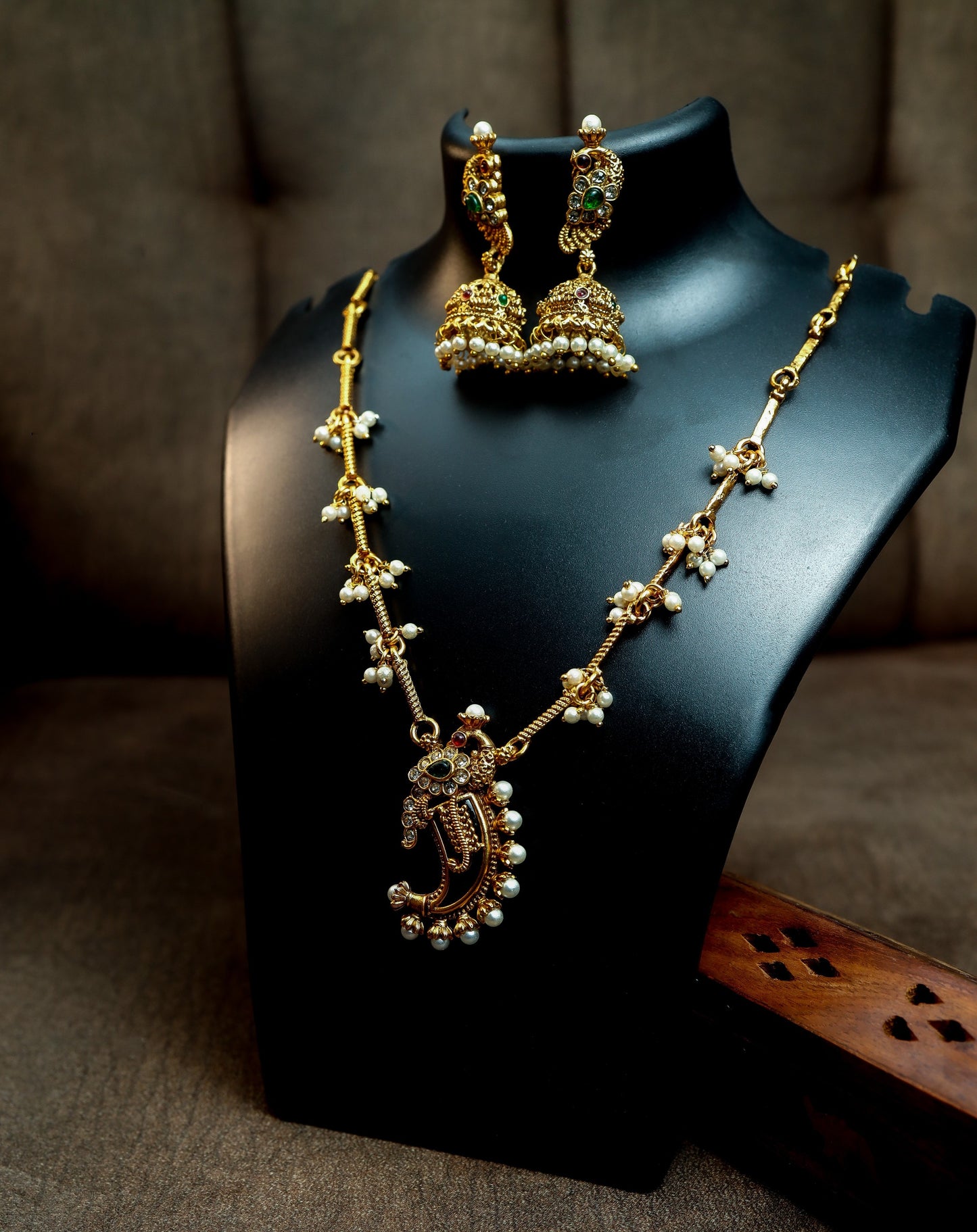 Antique Gold Finish Pendant with Seed Pearl Clusters and Matching Jhumka Earrings