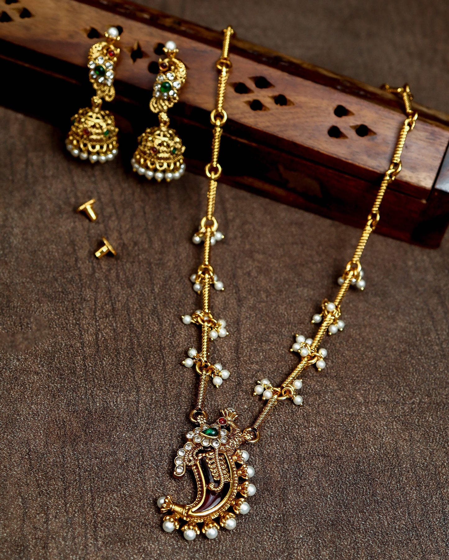 Antique Gold Finish Pendant with Seed Pearl Clusters and Matching Jhumka Earrings