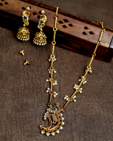 Antique Gold Finish Pendant with Seed Pearl Clusters and Matching Jhumka Earrings