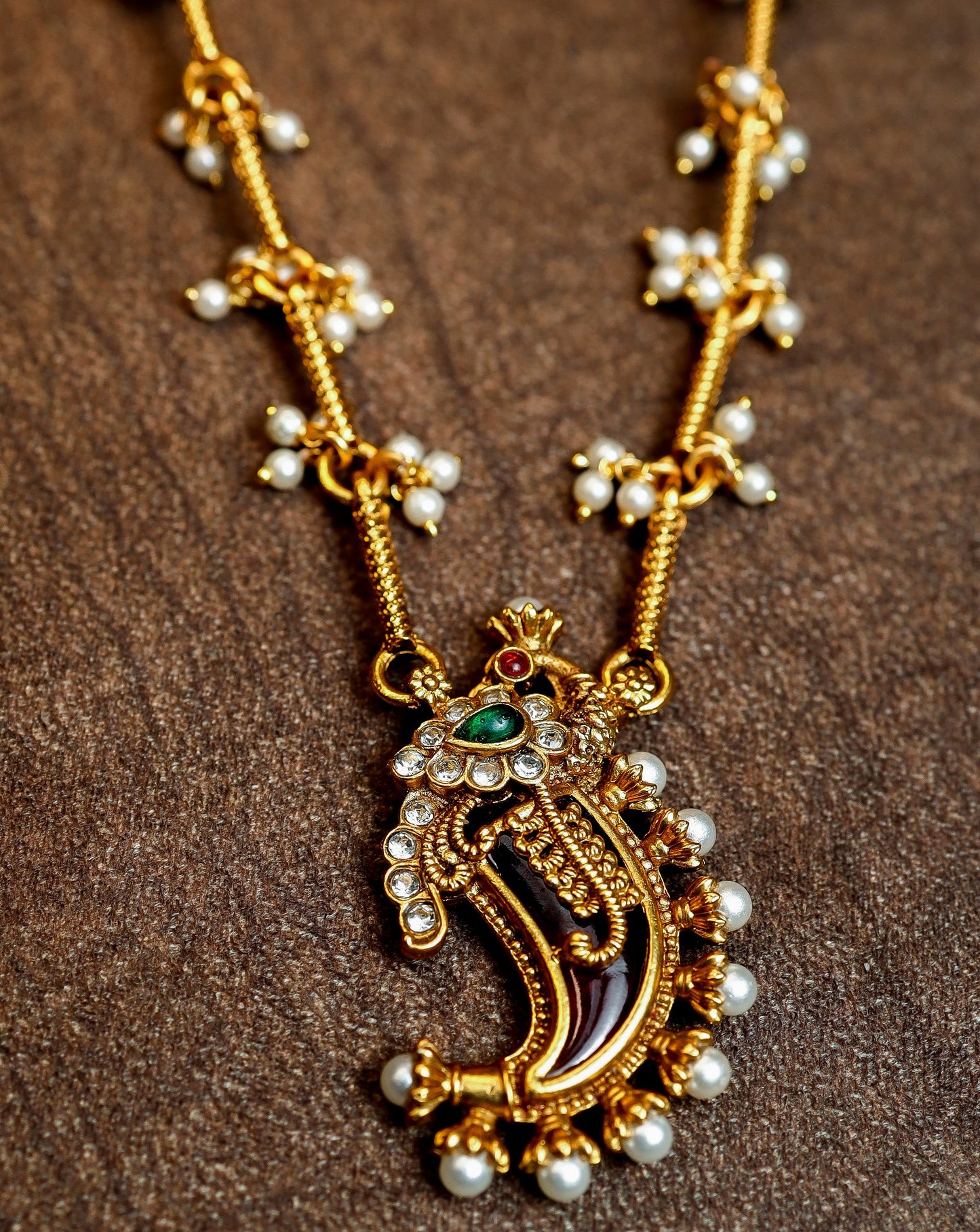 Antique Gold Finish Pendant with Seed Pearl Clusters and Matching Jhumka Earrings