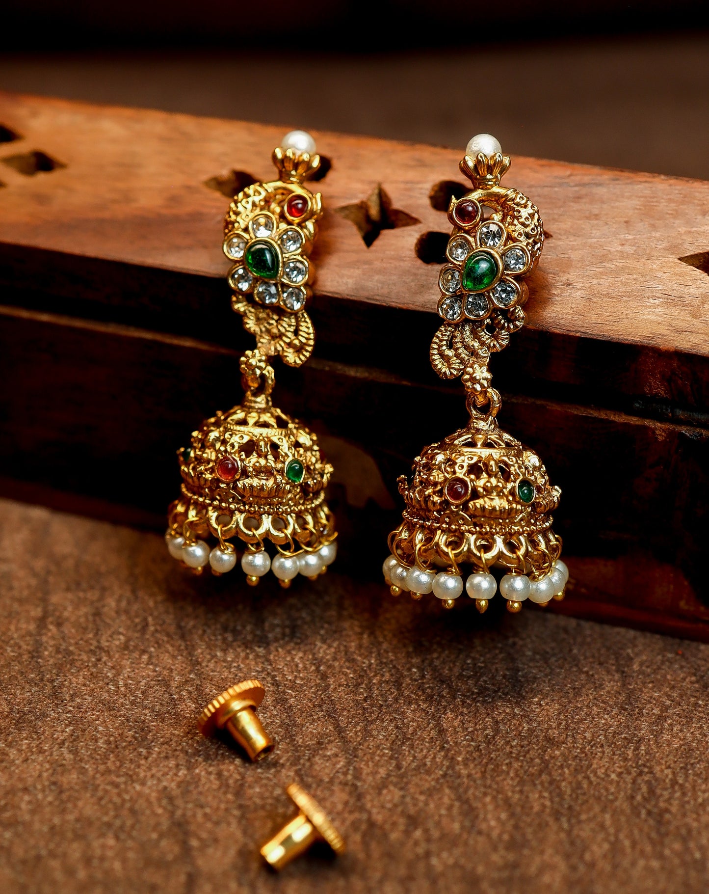 Antique Gold Finish Pendant with Seed Pearl Clusters and Matching Jhumka Earrings