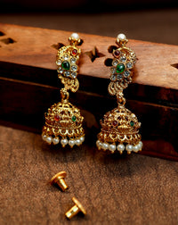 Antique Gold Finish Pendant with Seed Pearl Clusters and Matching Jhumka Earrings