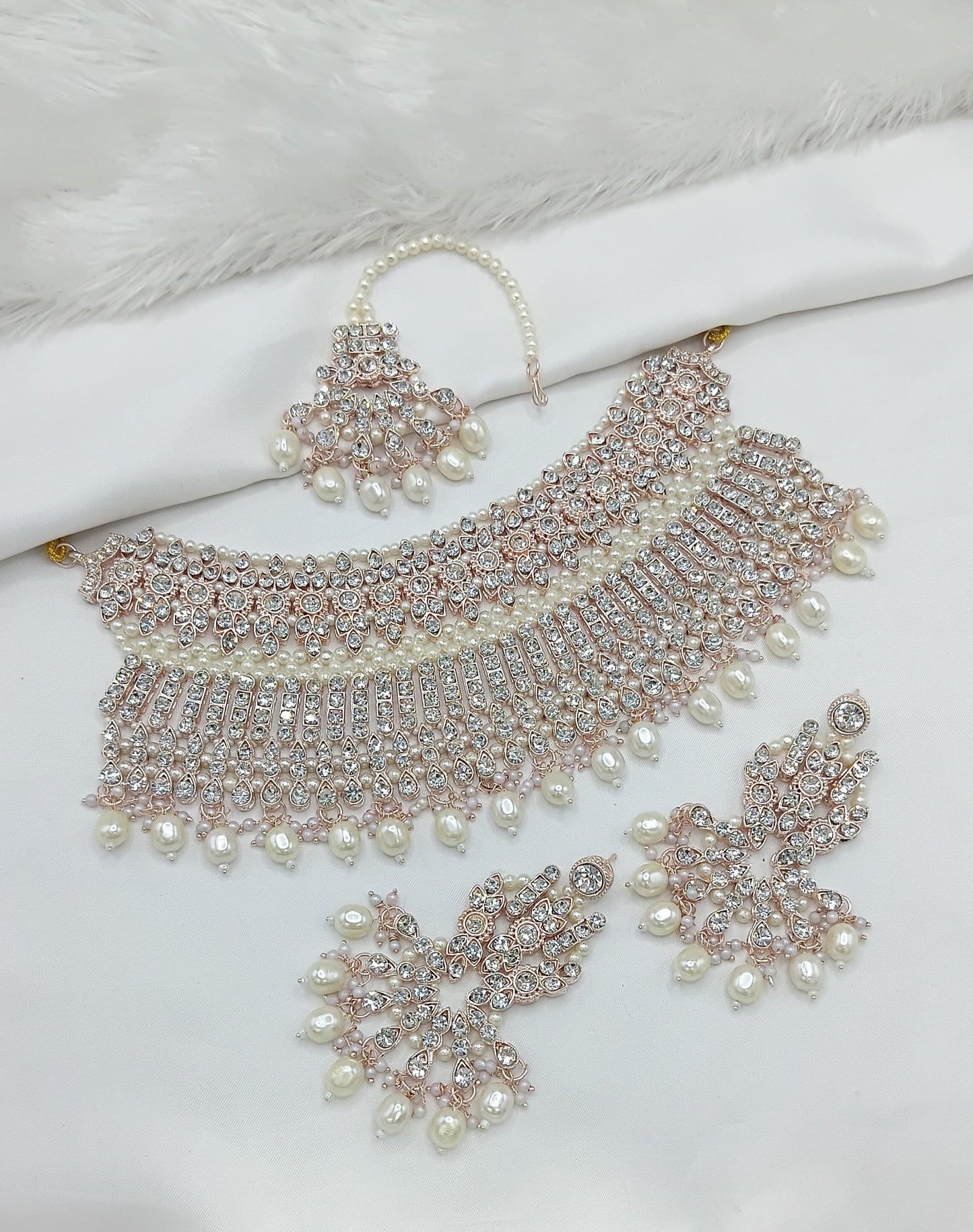 Purple Multi-Layered Pearl Choker Set with Maang Tikka