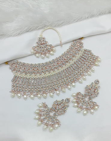 Purple Multi-Layered Pearl Choker Set with Maang Tikka