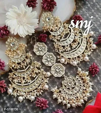 Traditional Royal  Maang Tikka Earring Set Gold-Plated Chandbali Earring and Mangtika