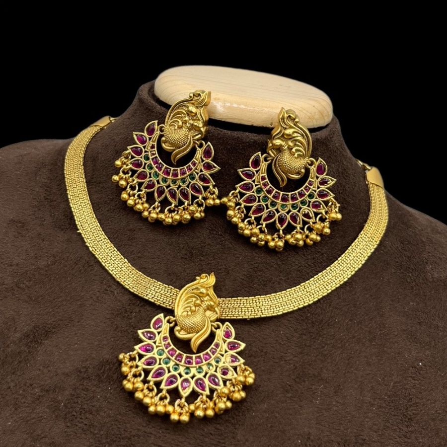 Traditional Copper Gold Plated Peacock Jewellery Set With Necklace & Earrings