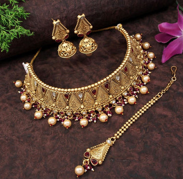 Traditional Gold Plated Copper Jewellery Set & Necklace with Jhumkas & Maang Tikka