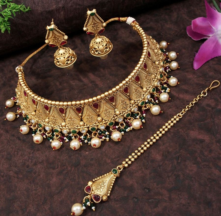 Traditional Gold Plated Copper Jewellery Set & Necklace with Jhumkas & Maang Tikka