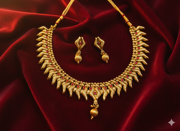 Matte Finish Necklace with Delicate Ruby Stones and Matching Drop Earrings
