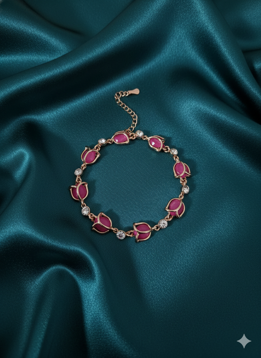 Rose Gold Pink Floral Bracelet Dainty Stone & Crystal Link Chain