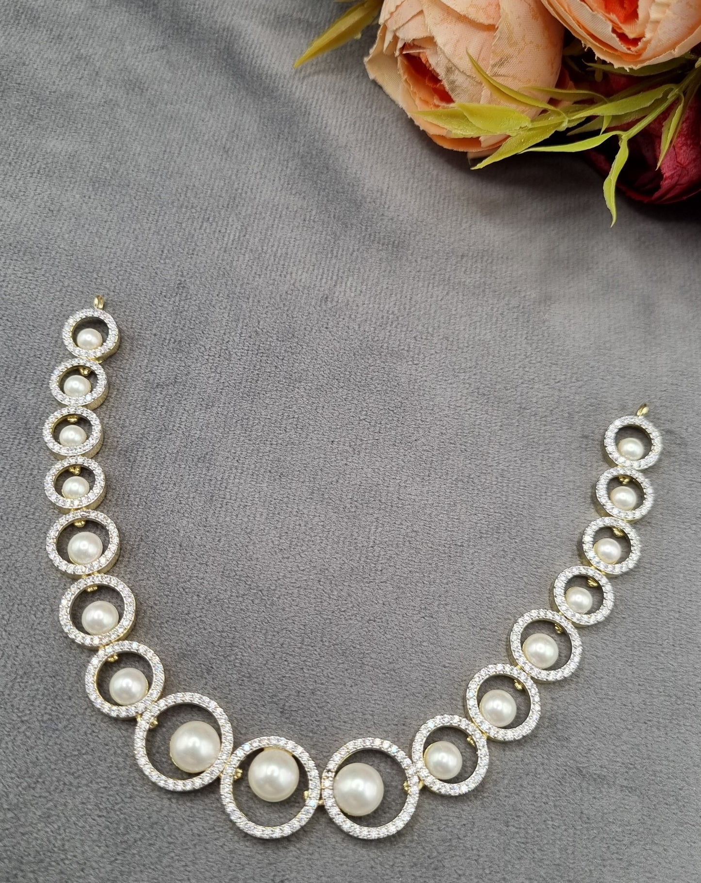 Geometric Halo Pearl & American Diamond Necklace Set with Drop Earrings