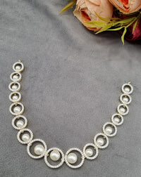 Geometric Halo Pearl & American Diamond Necklace Set with Drop Earrings