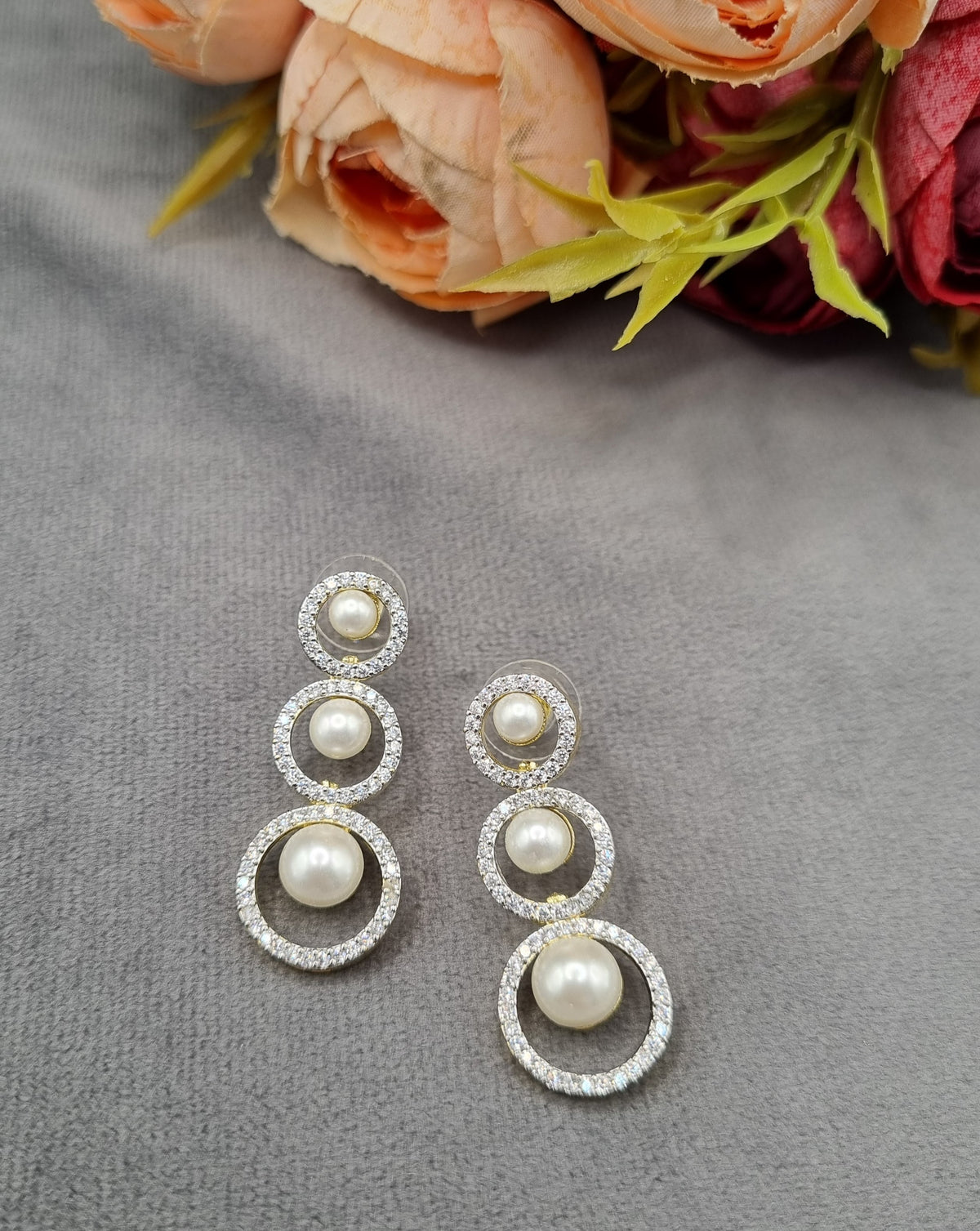 Geometric Halo Pearl & American Diamond Necklace Set with Drop Earrings