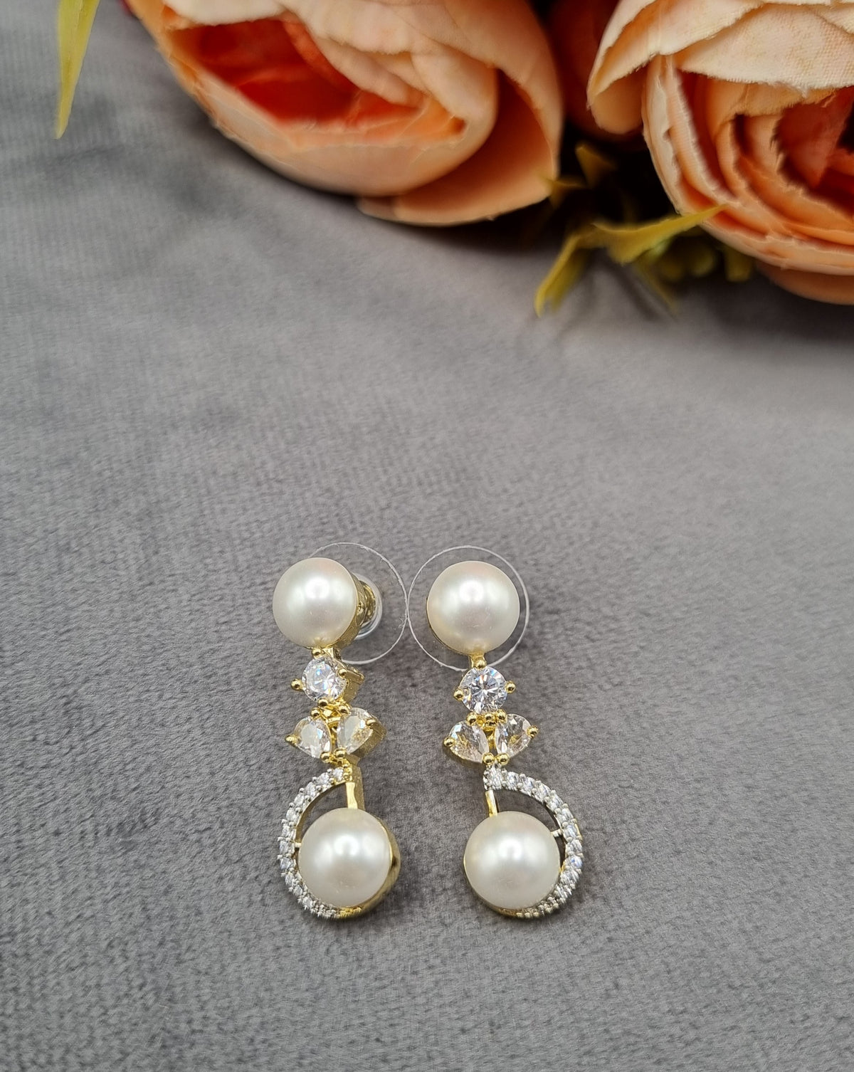 Pearl & American Diamond Crescent Necklace Set with Matching Drop Earrings