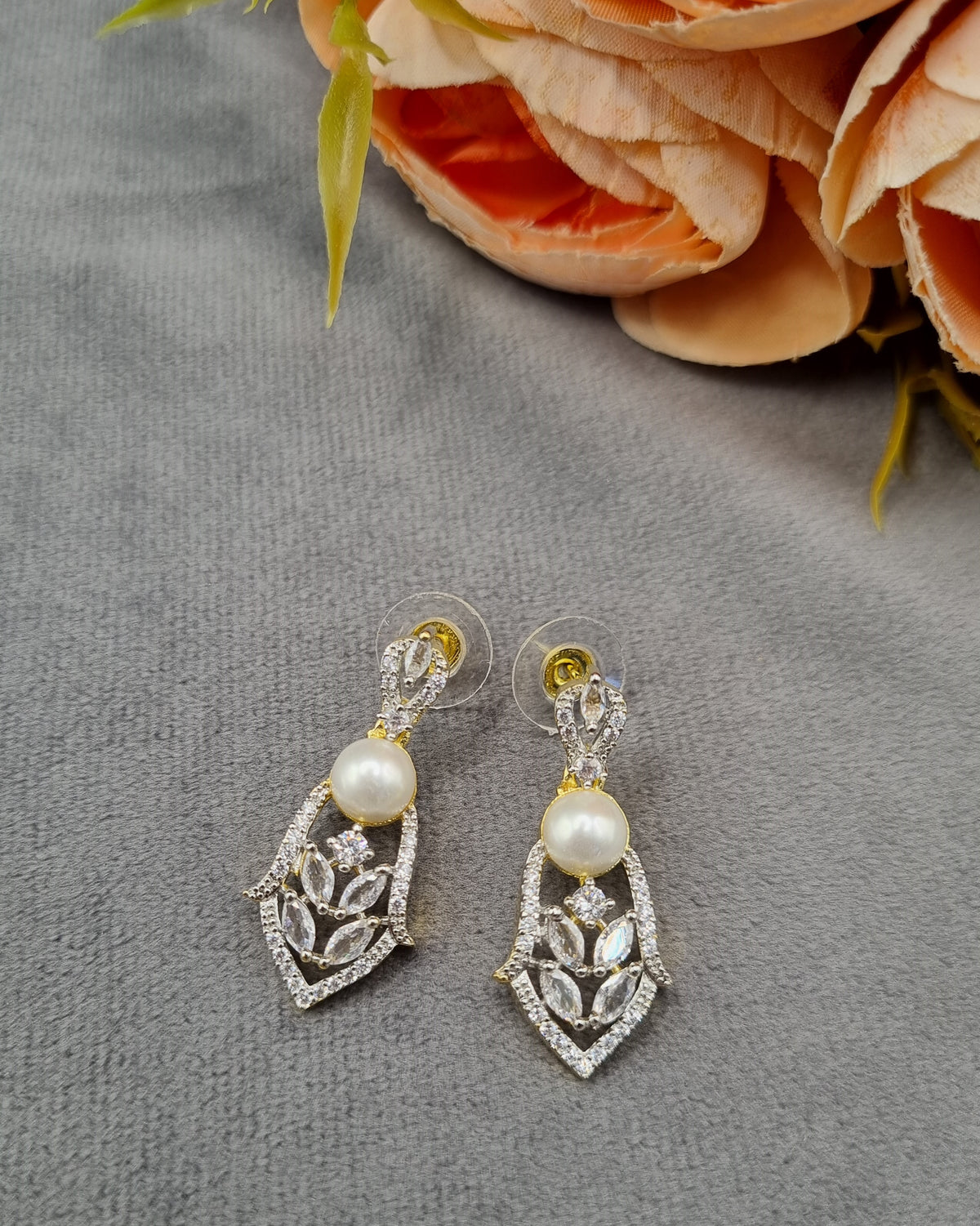 Graduated Pearl & Foliage American Diamond Necklace Set with Drop Earrings