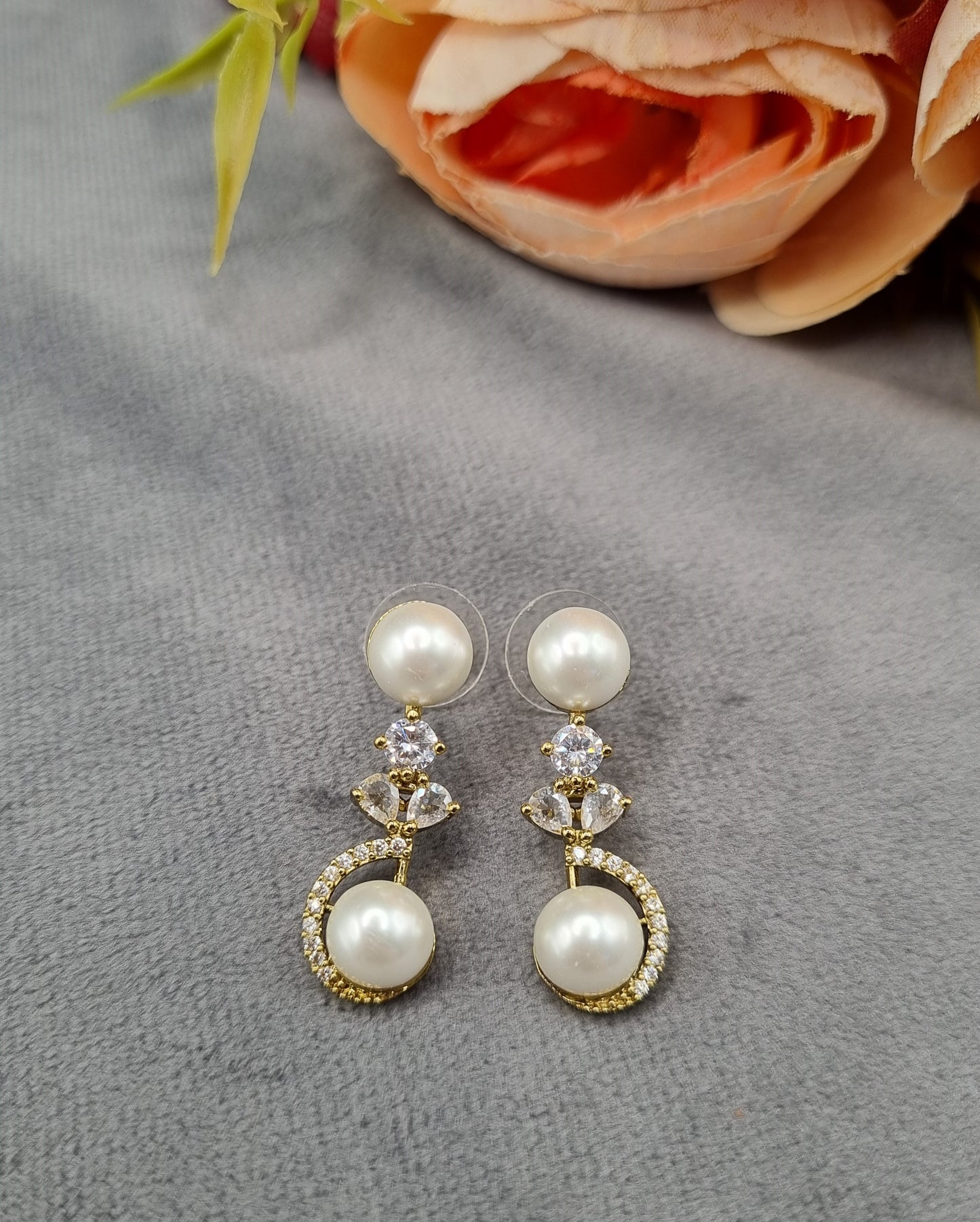 Pearl & American Diamond Crescent Choker Set with Drop Earrings