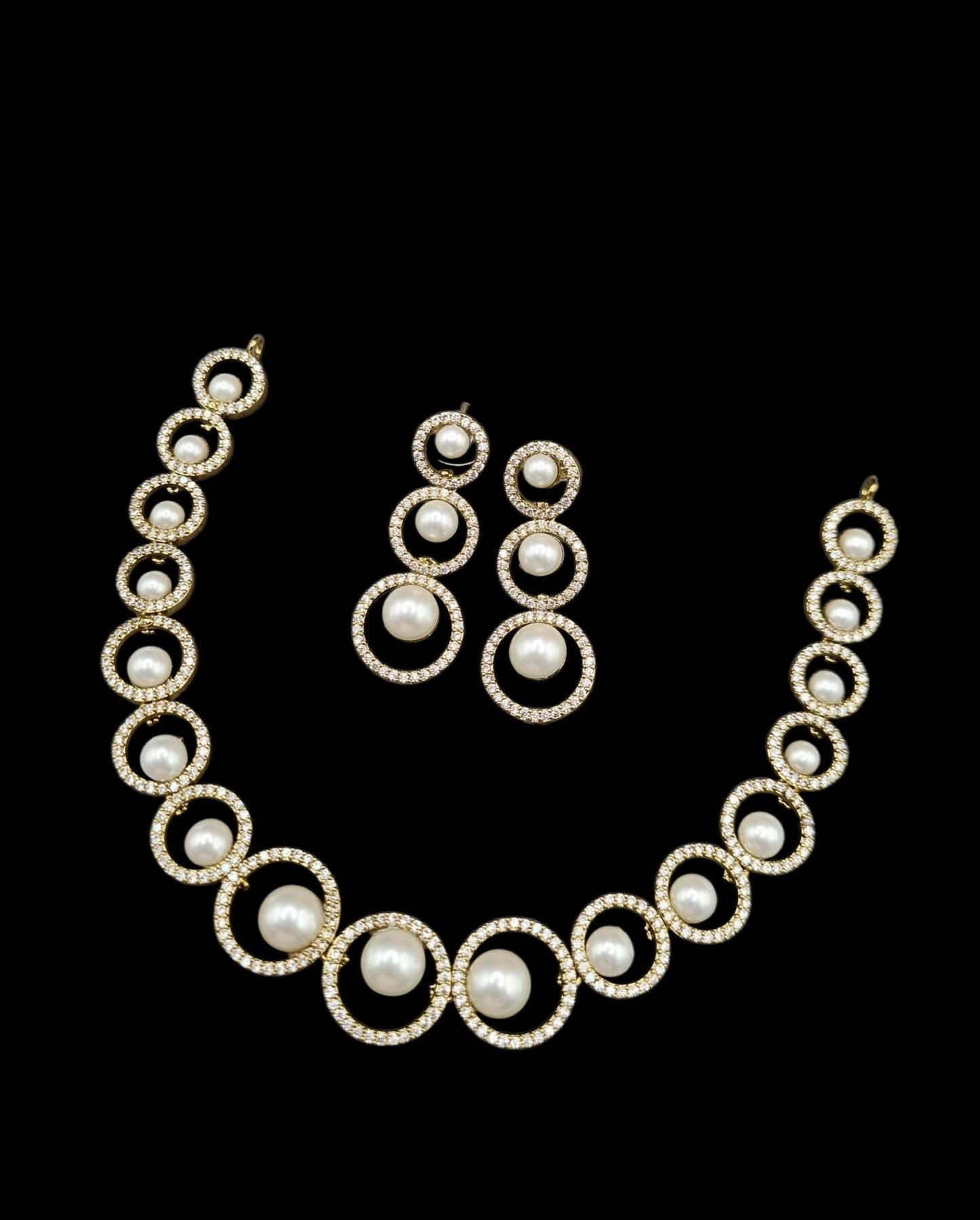 American Diamond Halo Pearl Necklace and Earrings Set