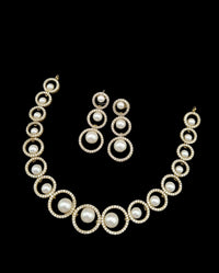 American Diamond Halo Pearl Necklace and Earrings Set