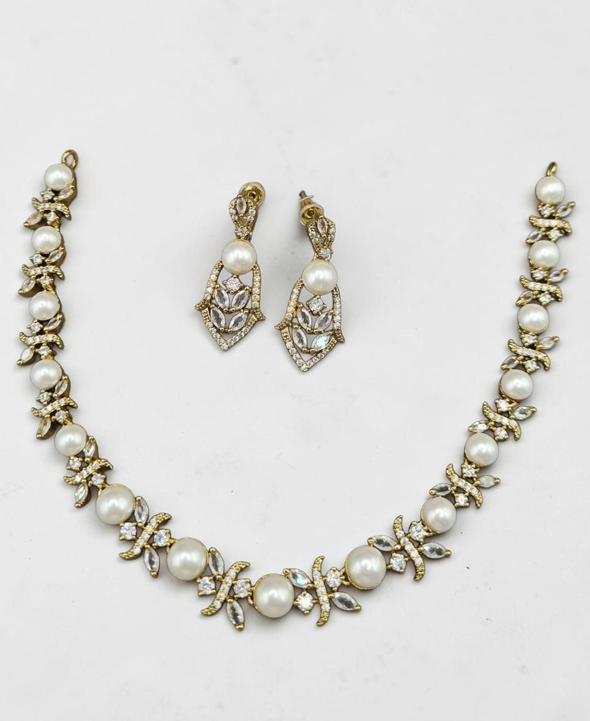 Floral Pearl Choker Necklace and Earrings Set American Diamond