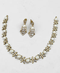 Floral Pearl Choker Necklace and Earrings Set American Diamond