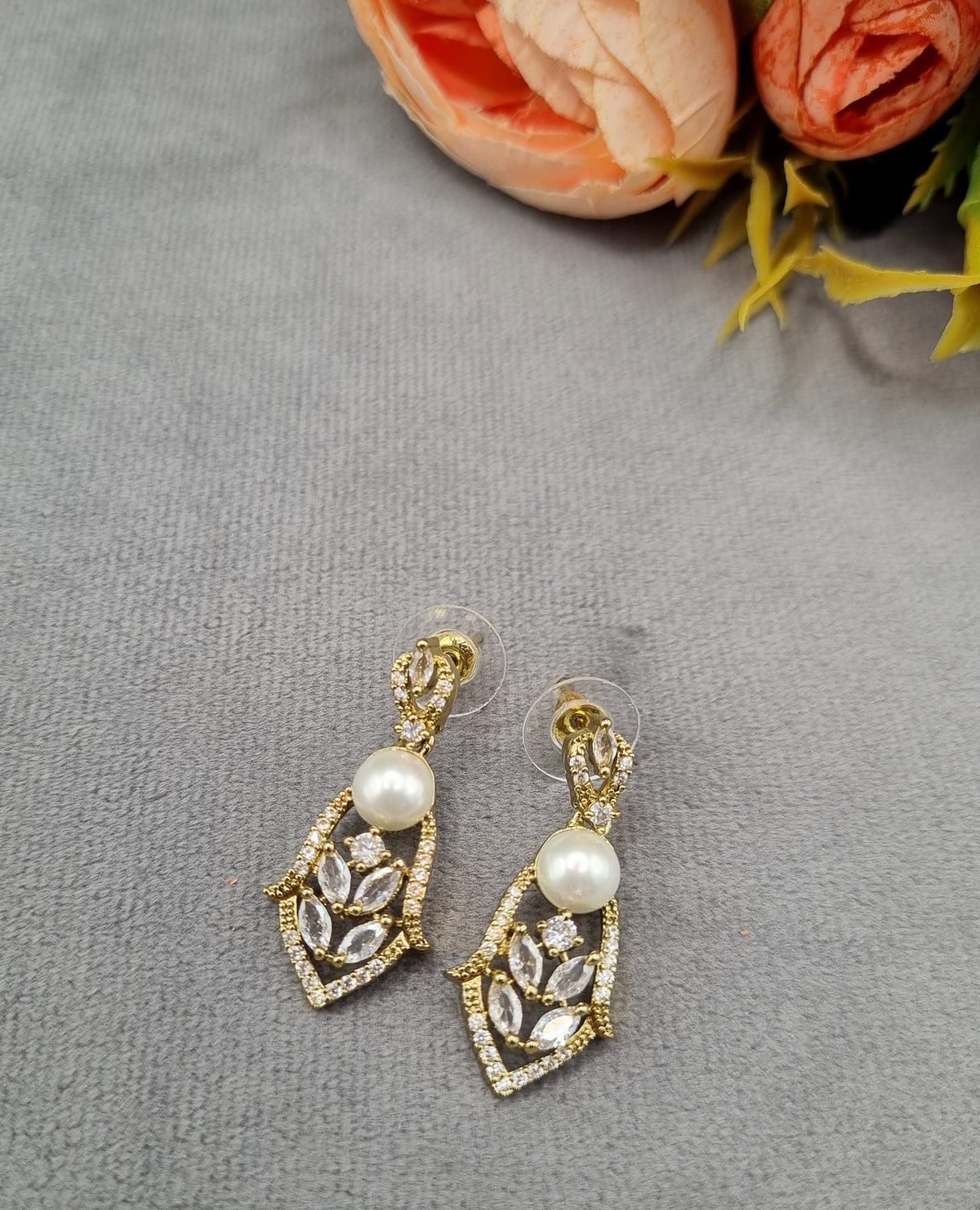 Floral Pearl Choker Necklace and Earrings Set American Diamond