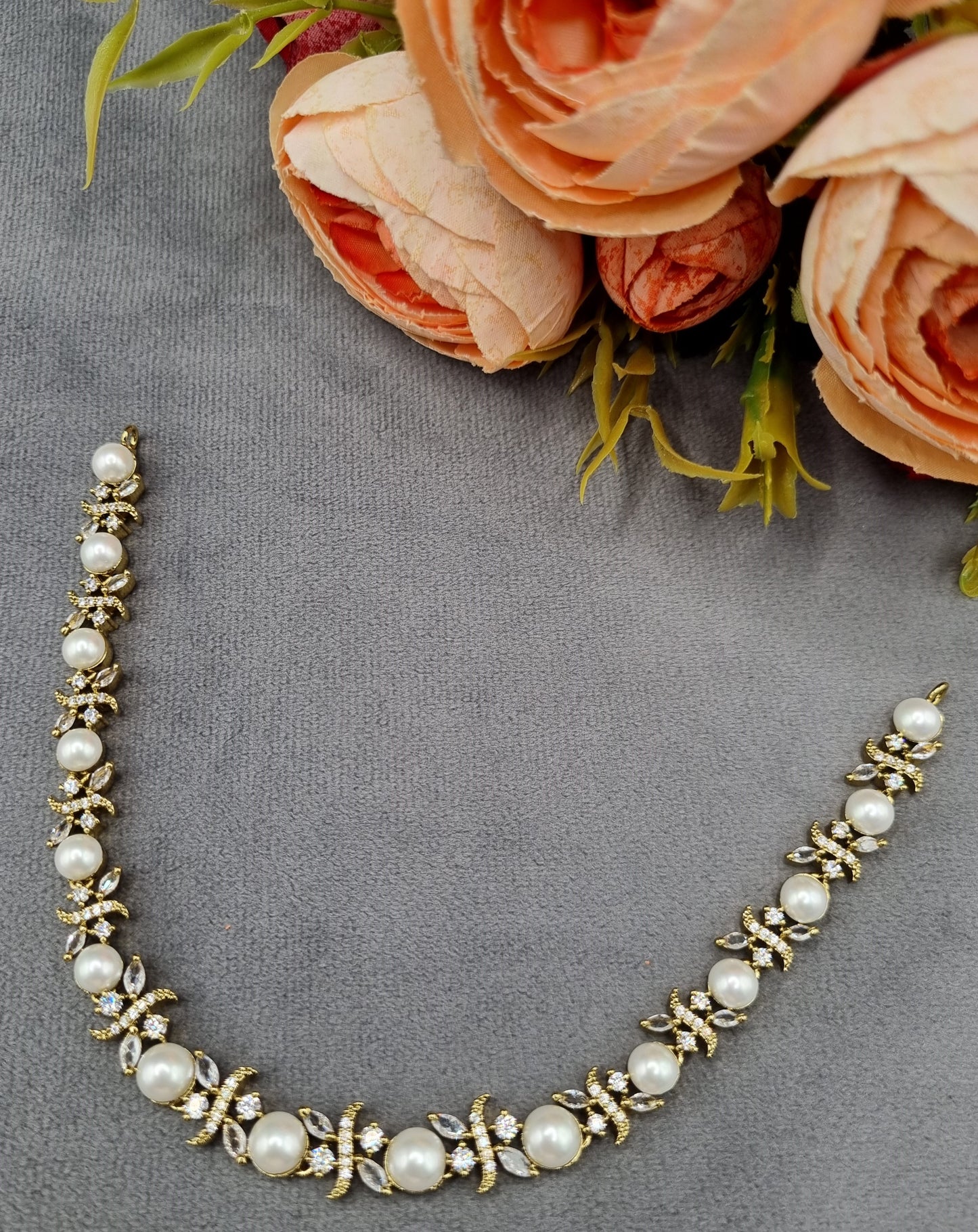Floral Pearl Choker Necklace and Earrings Set American Diamond