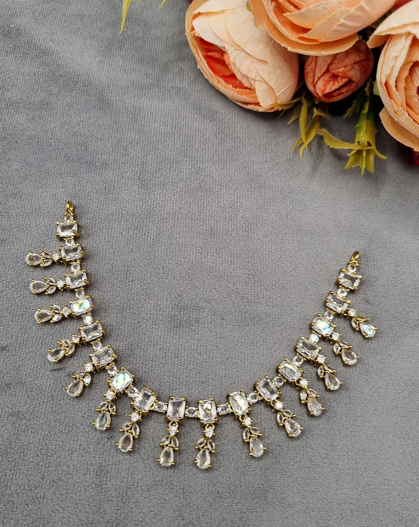 Emerald-Cut American Diamond Fringe Necklace Set with Matching Drop Earrings